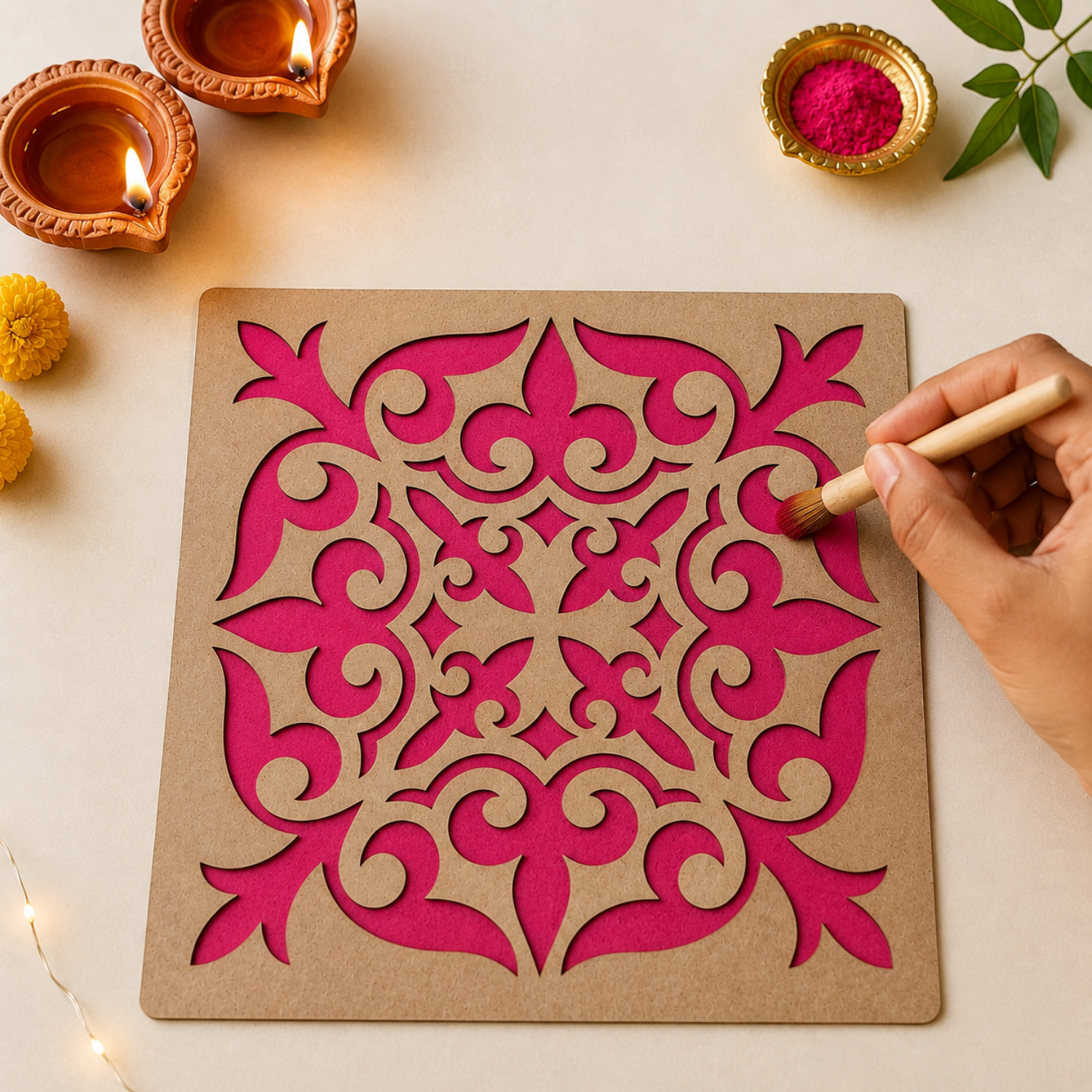 Square Rangoli Stencil – 30 cm Reusable MDF Wooden Cutout Template for Floor Decor & Painting | Intricate Ethnic Design Art Blank for Diwali, Festivals & DIY Home Decoration