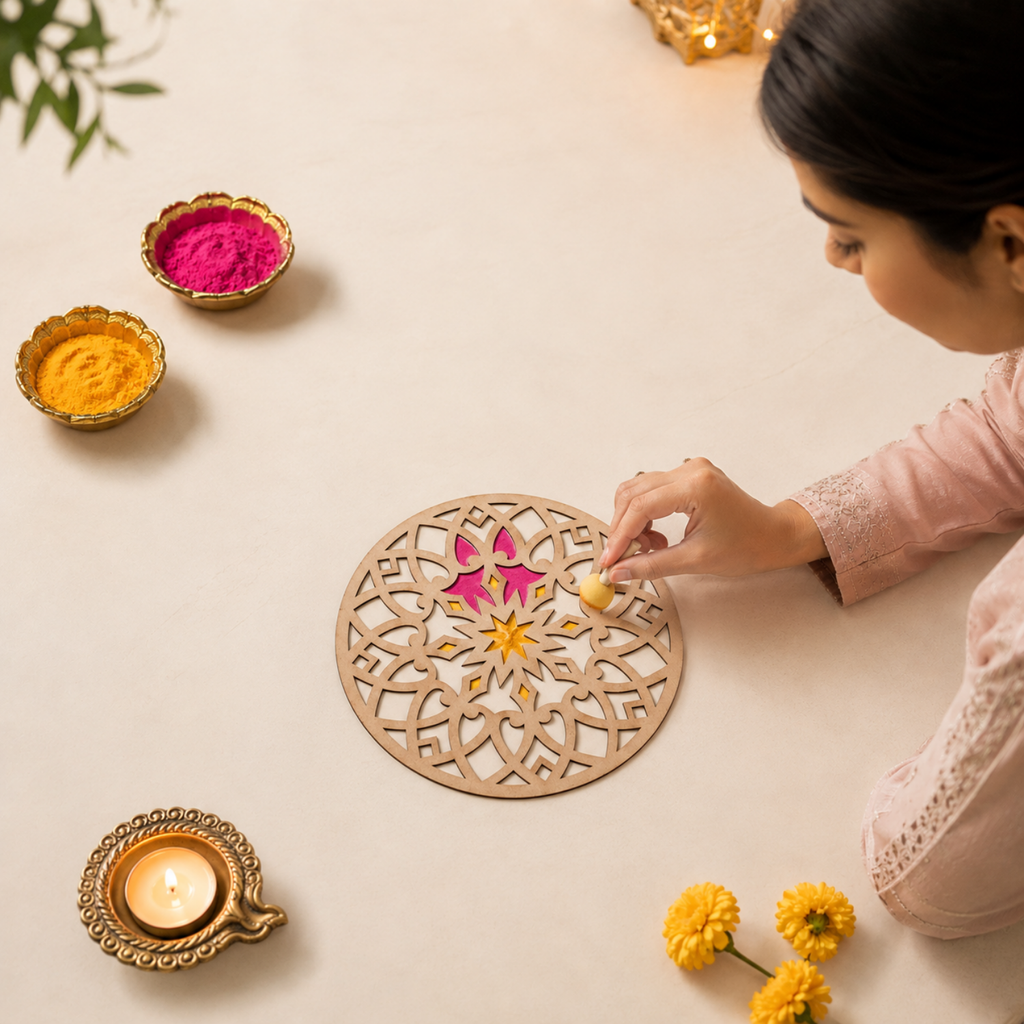 Round Rangoli Stencil – 30 cm Reusable MDF Wooden Cutout Template for Floor Decor & Painting | Intricate Mandala Art Blank for Diwali, Festivals & DIY Home Decoration