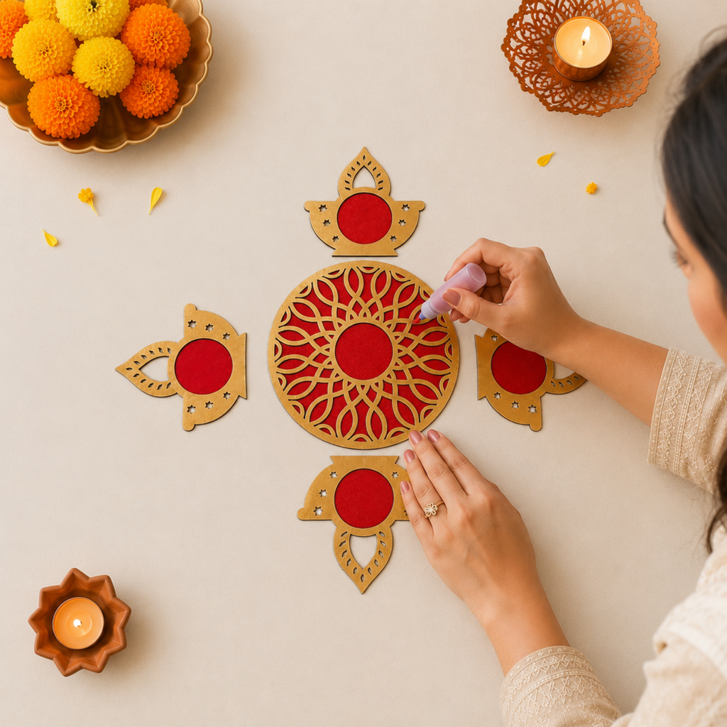 Decorative Rangoli Set with Diya Cutouts – 14 cm Round MDF Wooden Base with Red Velvet Finish for Floor Decor, Pooja & Festivals | DIY Festive Art Accent for Diwali Home Decoration