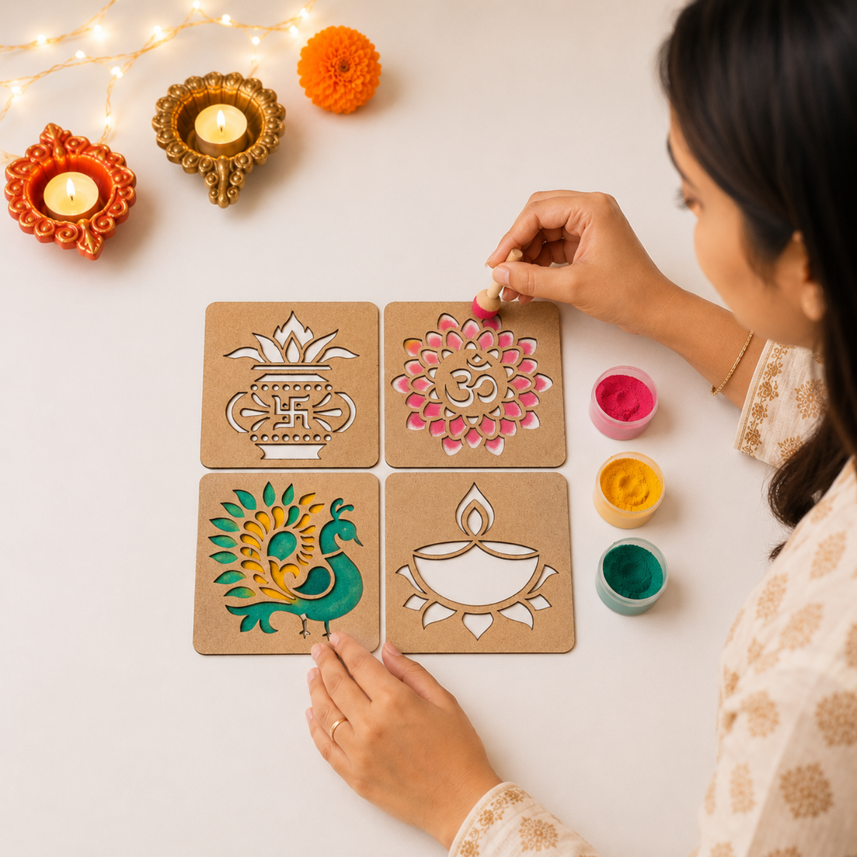 Rangoli Stencils Set of 4 – 9.5 x 9.5 cm Reusable MDF Wooden Cutout Templates for Floor Decor, Painting & Pooja | Traditional Mandala, Peacock, Diya & Kalash Designs for Diwali