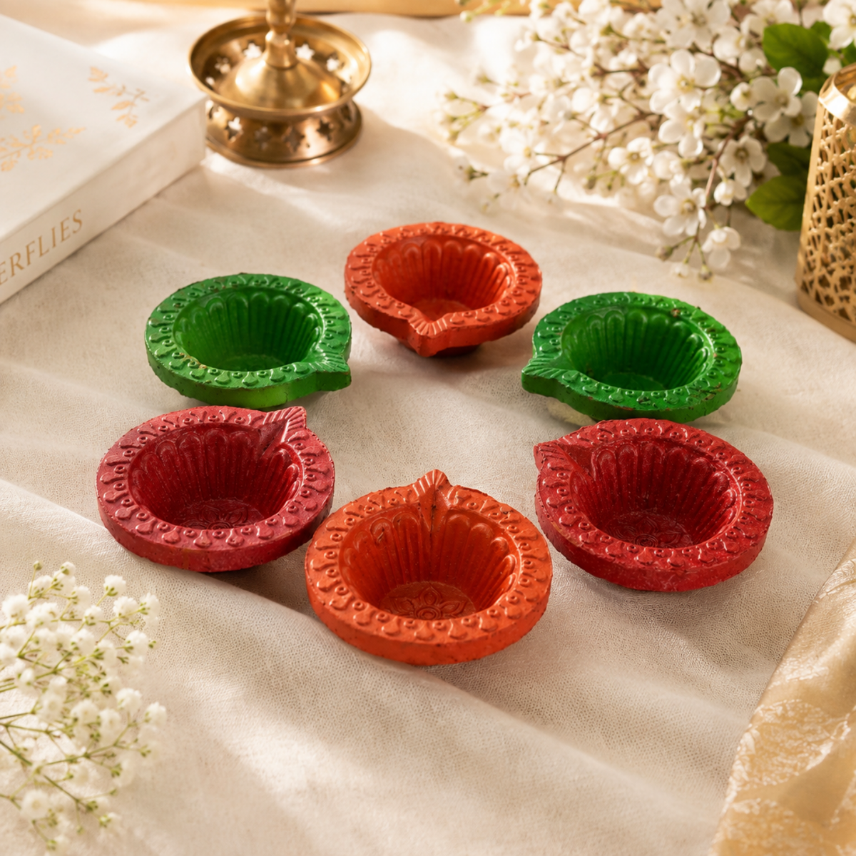Handcrafted Hand-Painted Clay Diyas (Set of 6) – 6.5 cm Colorful Terracotta Oil Lamps for Diwali, Pooja & Festival Decor