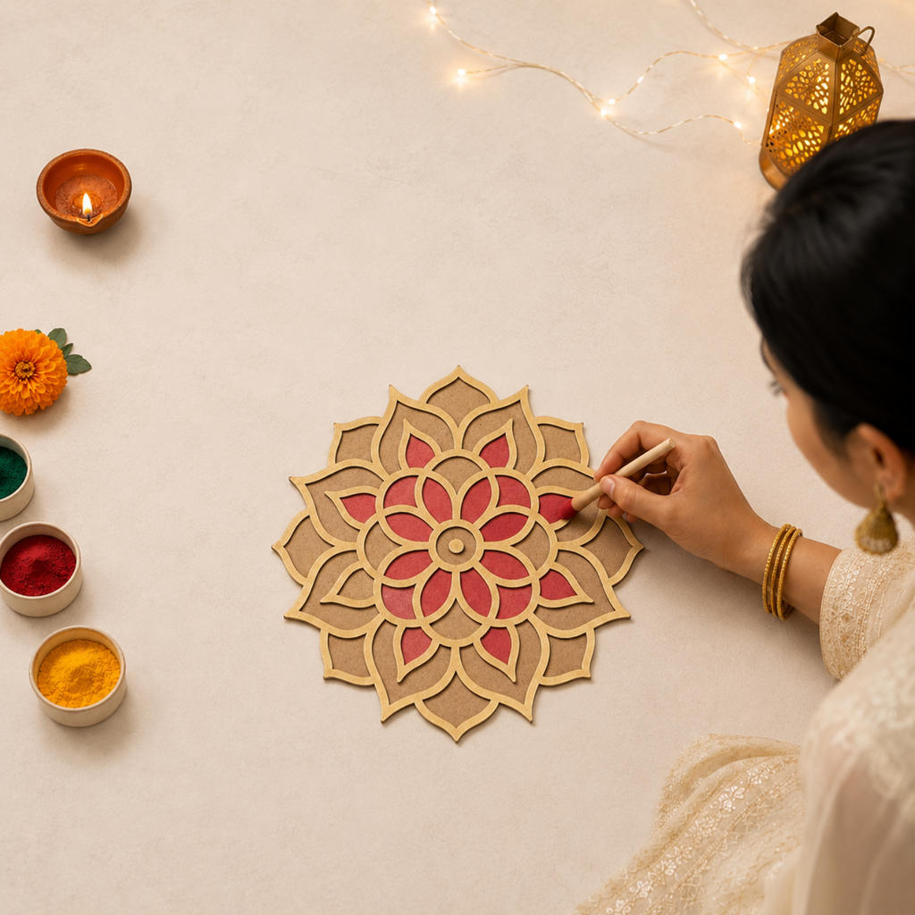 Lotus Rangoli Stencil – 14 cm Round MDF Wooden Cutout Template for Floor Decor, Painting & DIY Craft | Intricate Mandala Art Blank for Diwali, Pooja & Festive Home Decoration