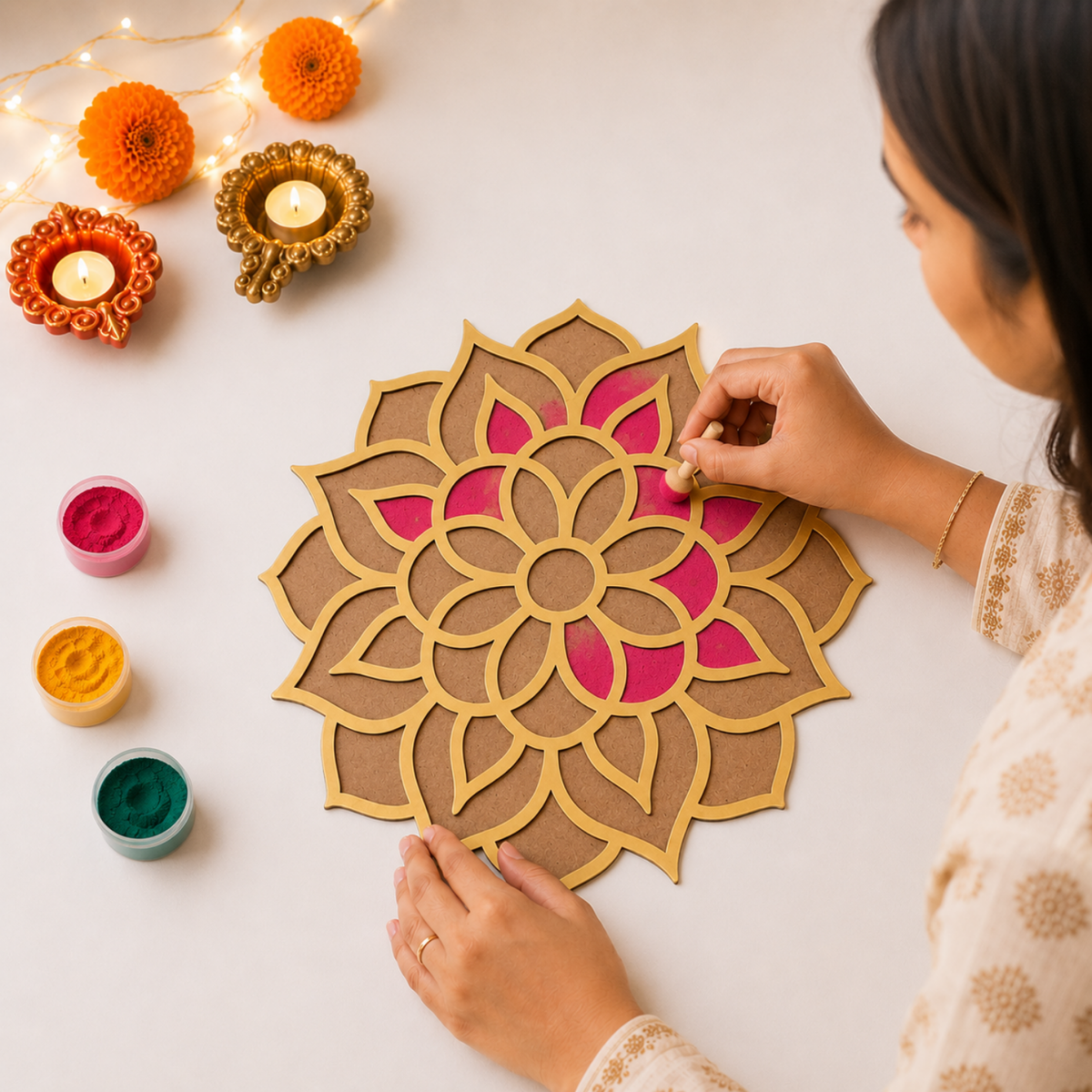 Lotus Rangoli Stencil – 30 cm Round MDF Wooden Cutout Template for Floor Decor, Painting & DIY Craft | Intricate Mandala Art Blank for Diwali, Pooja & Festive Home Decoration
