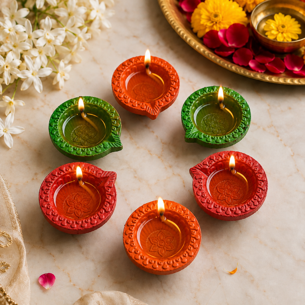 Handcrafted Hand-Painted Clay Diyas (Set of 6) – 6.5 cm Colorful Terracotta Oil Lamps for Diwali, Pooja & Festival Decor