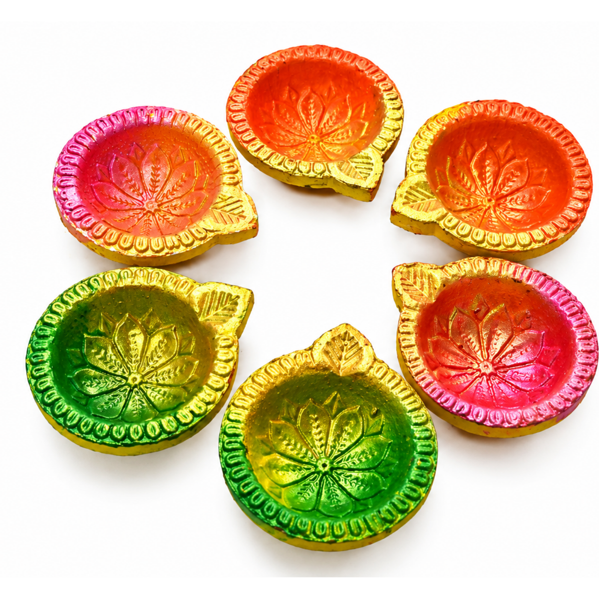 Handcrafted Colorful Clay Diyas (Set of 6) – 6cm Decorative Wax Diya Candles for Diwali & Home Decor