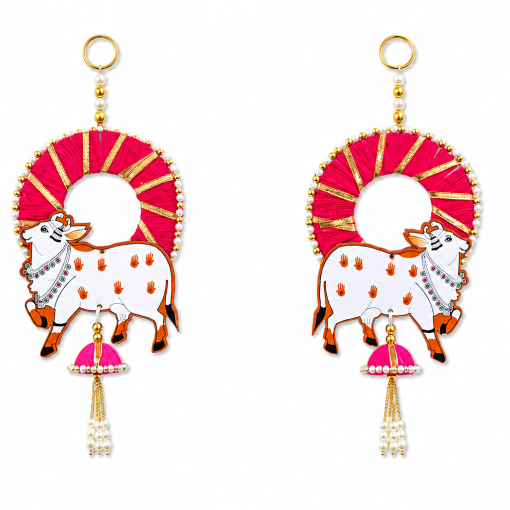 Ethnic Cow Door Hanging – 25 cm Traditional Signage for Entrance, Living Room & Festive Home Decor, Handmade Spiritual Ornament with Thread, Washable & Long Lasting (Set of 2, Pink)