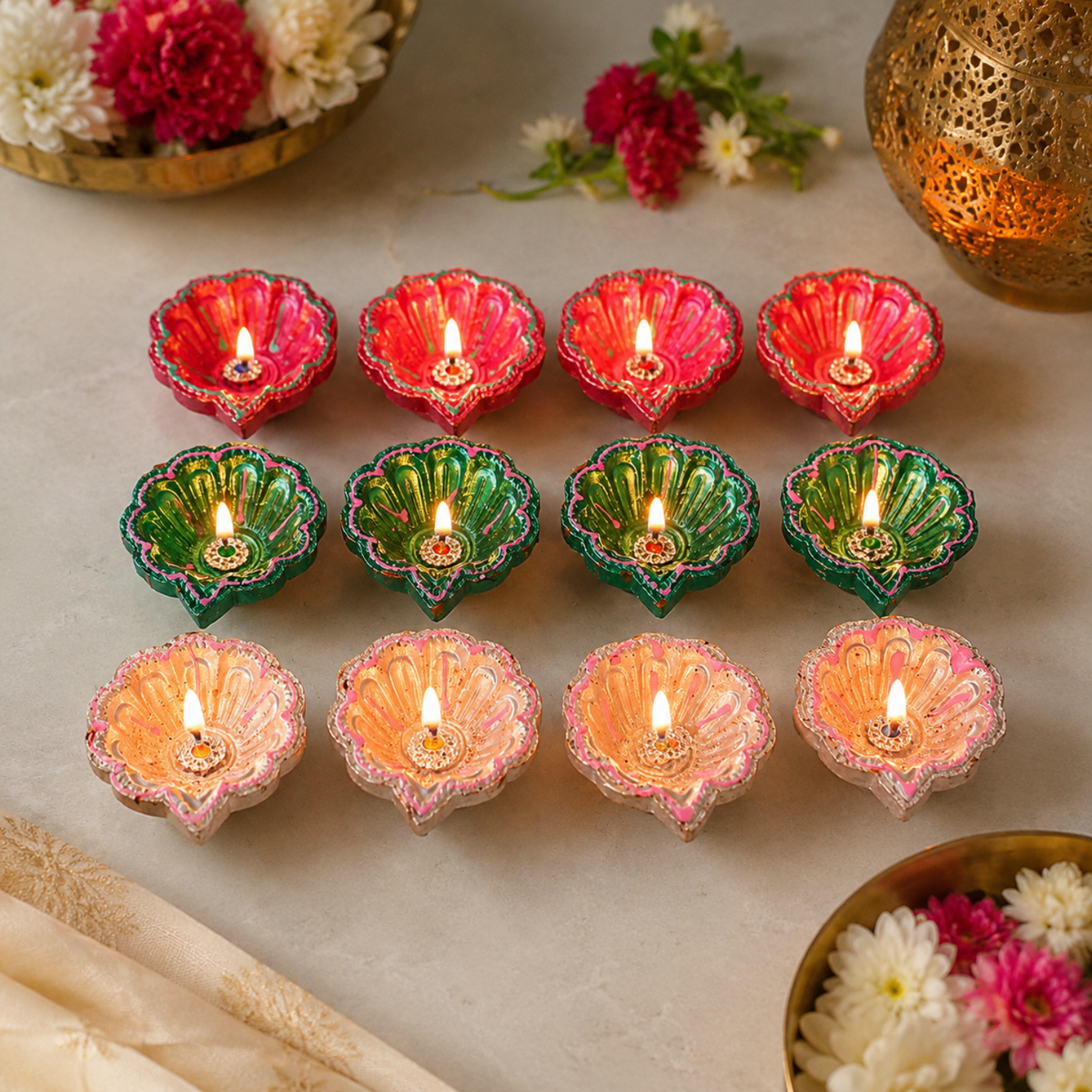Handcrafted Designer Clay Diyas for Diwali (Set of 12, 6cm) – Colorful Eco-Friendly Decorative Oil Lamps