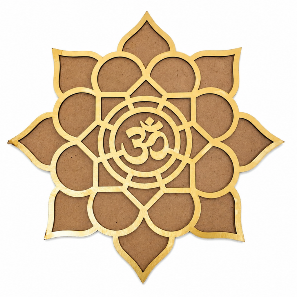 Lotus Om MDF Wall Decor – 20 cm Intricate Spiritual Laser Cut Artwork for Pooja Room, Living Room, Yoga Space & Meditation Decor | DIY Paintable Wooden Hanging Accent for Home & Festival Gifting