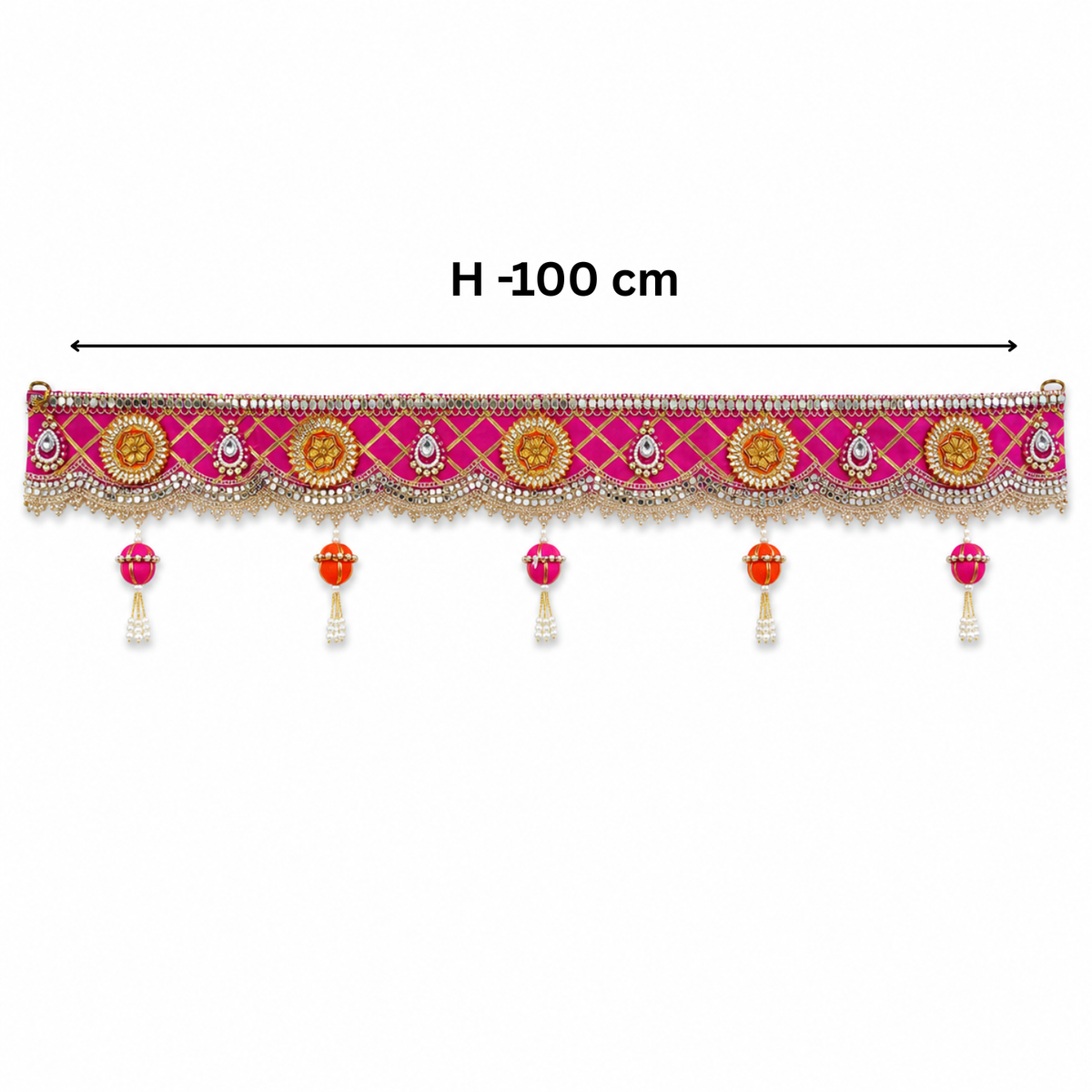 Handmade Decorative Door Toran - 100 cm Traditional Pink & Gold Bandhanwar with Mirror Work, Floral Accents, and Pearl Tassels for Main Entrance, Pooja Room, and Festive Home Decor