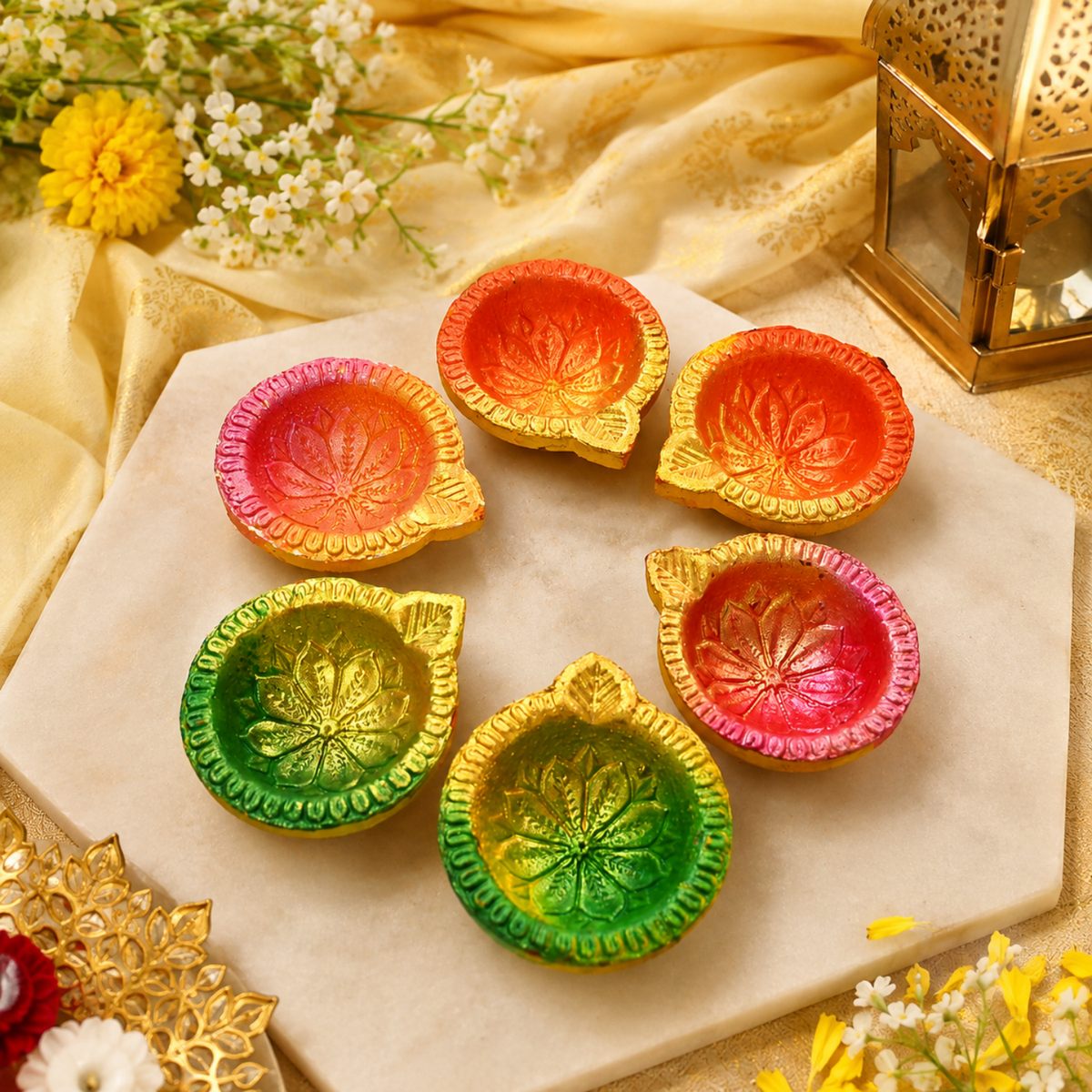Handcrafted Colorful Clay Diyas (Set of 6) – 6cm Decorative Wax Diya Candles for Diwali & Home Decor