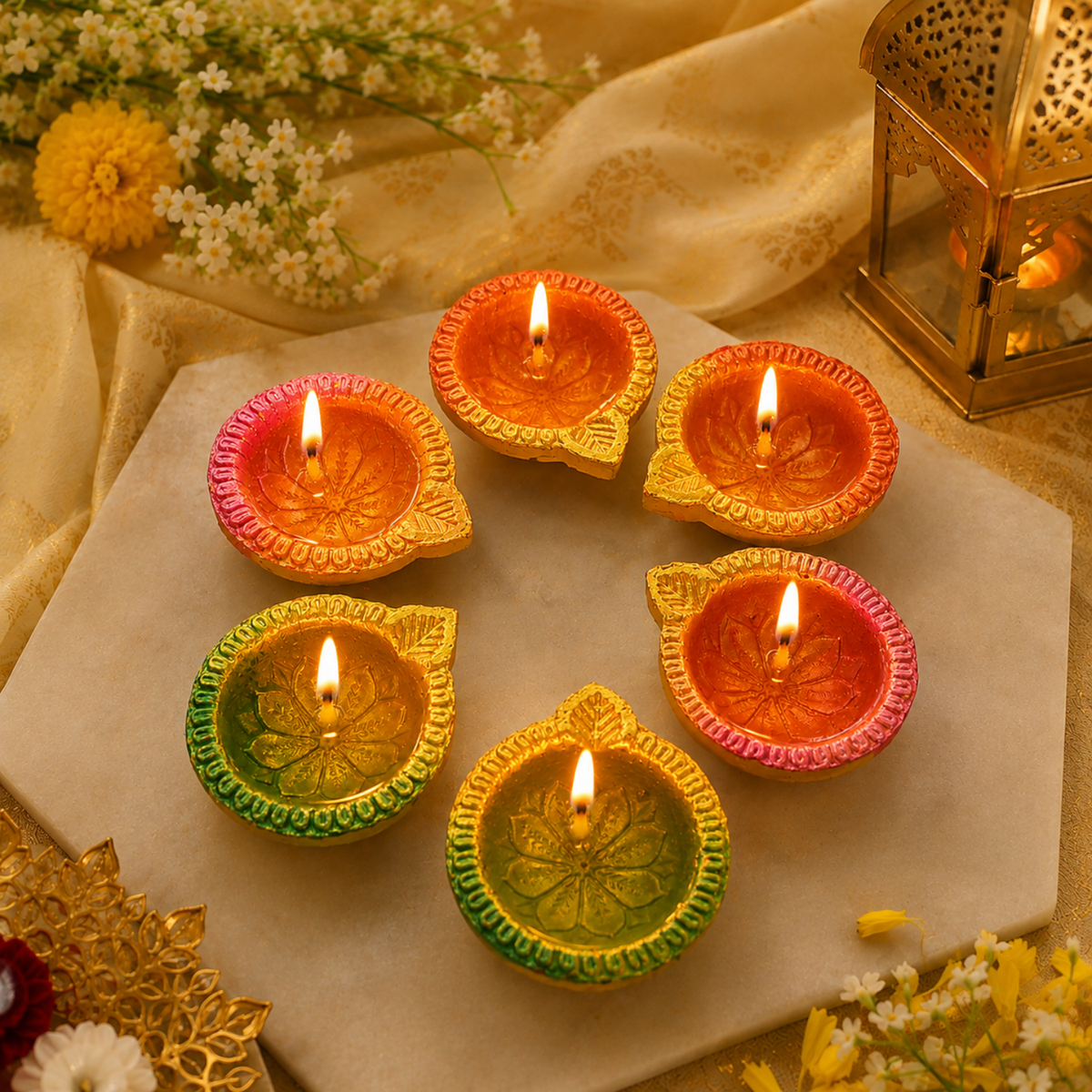 Handcrafted Colorful Clay Diyas (Set of 6) – 6cm Decorative Wax Diya Candles for Diwali & Home Decor