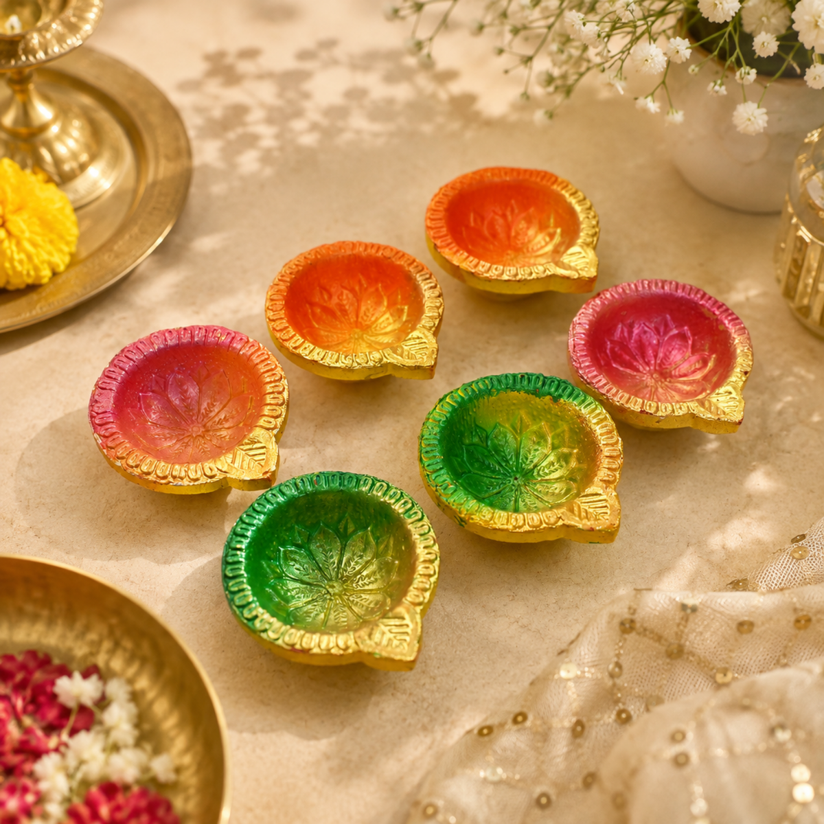 Handcrafted Colorful Clay Diyas (Set of 6) – 6cm Decorative Wax Diya Candles for Diwali & Home Decor