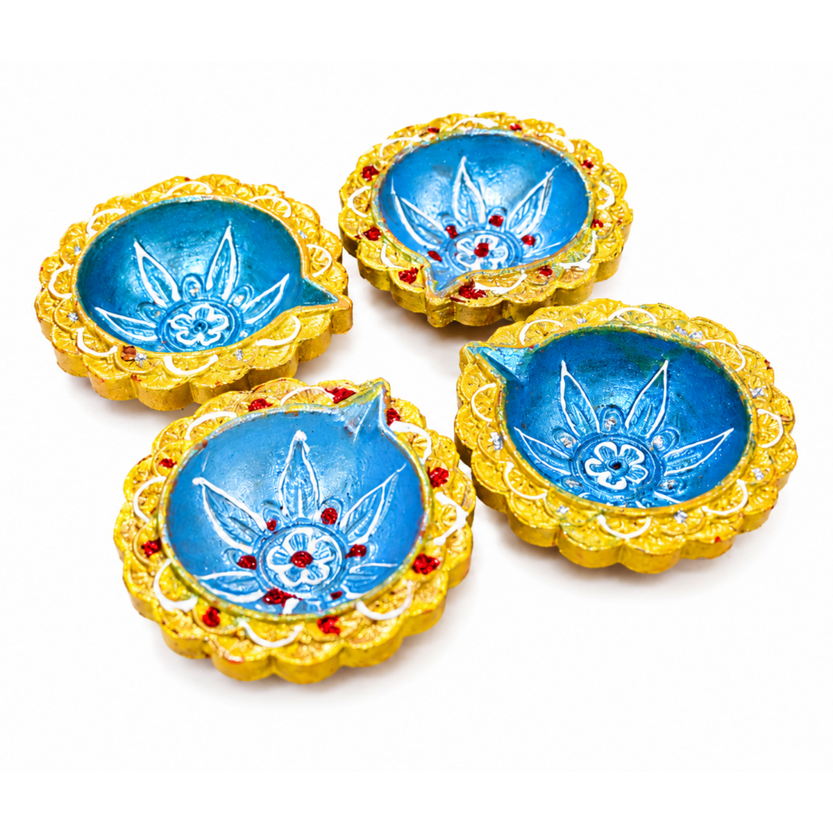 Handcrafted Blue & Gold Decorative Clay Diya Set of 4 (6 cm) | Traditional Hand-Painted Festival Oil Lamps for Diwali, Puja & Festive Home Decor