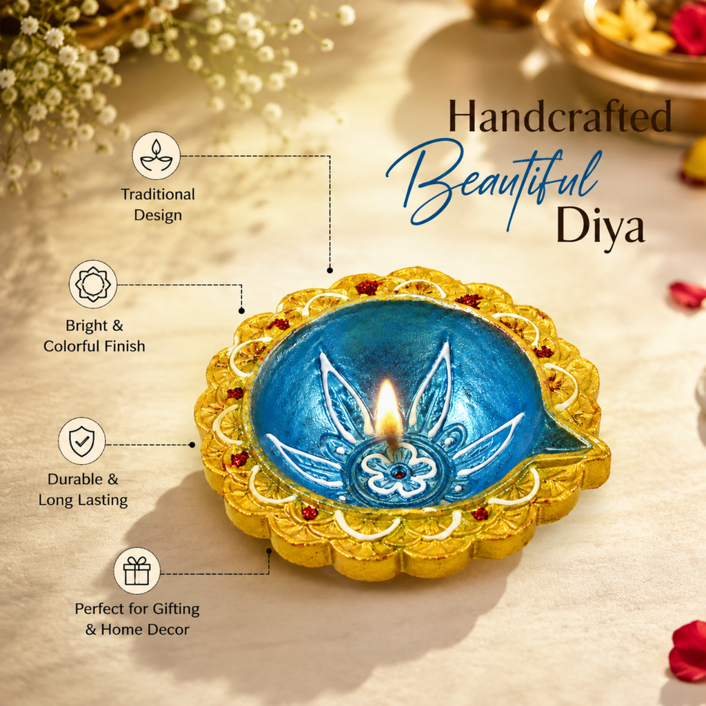 Handcrafted Blue & Gold Decorative Clay Diya Set of 4 (6 cm) | Traditional Hand-Painted Festival Oil Lamps for Diwali, Puja & Festive Home Decor