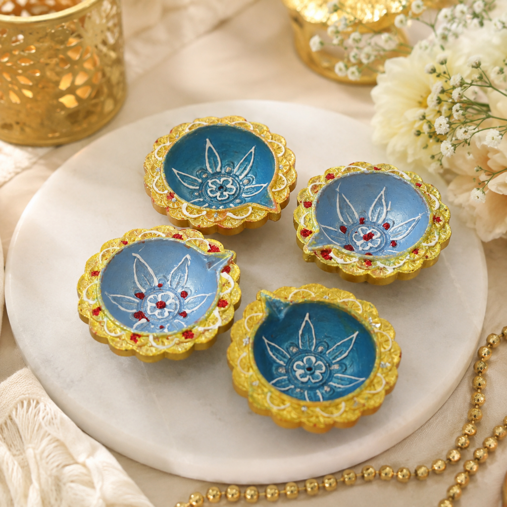 Handcrafted Blue & Gold Decorative Clay Diya Set of 4 (6 cm) | Traditional Hand-Painted Festival Oil Lamps for Diwali, Puja & Festive Home Decor