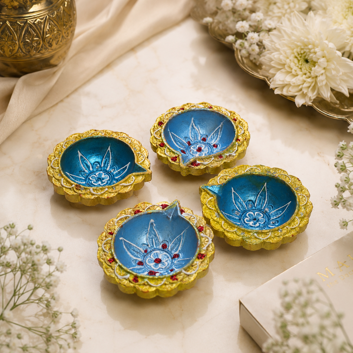 Handcrafted Blue & Gold Decorative Clay Diya Set of 4 (6 cm) | Traditional Hand-Painted Festival Oil Lamps for Diwali, Puja & Festive Home Decor