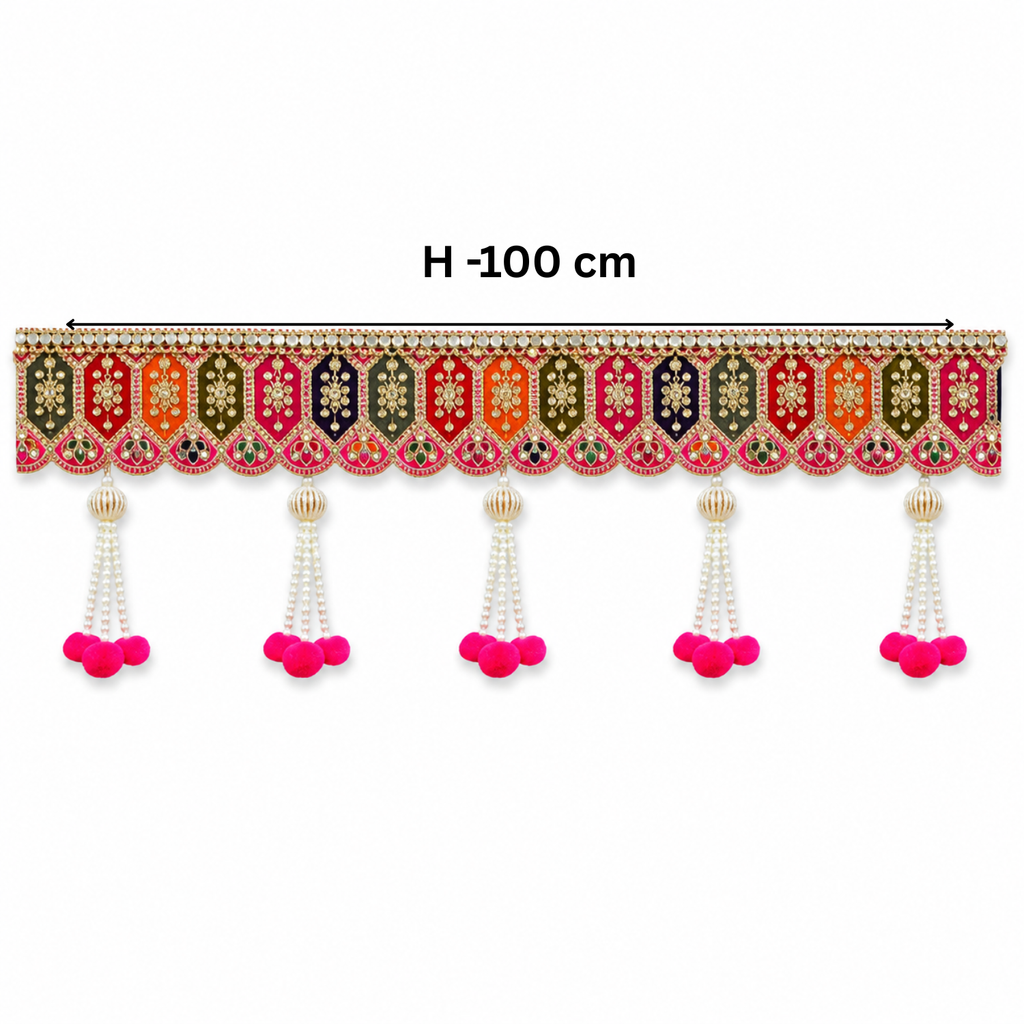 Handmade Decorative Toran for Door Hanging – Traditional Embroidered Bandhanwar with Pearl Tassels & Pom-Poms, Ethnic Wall Decor for Diwali, Pooja Room, 100cm