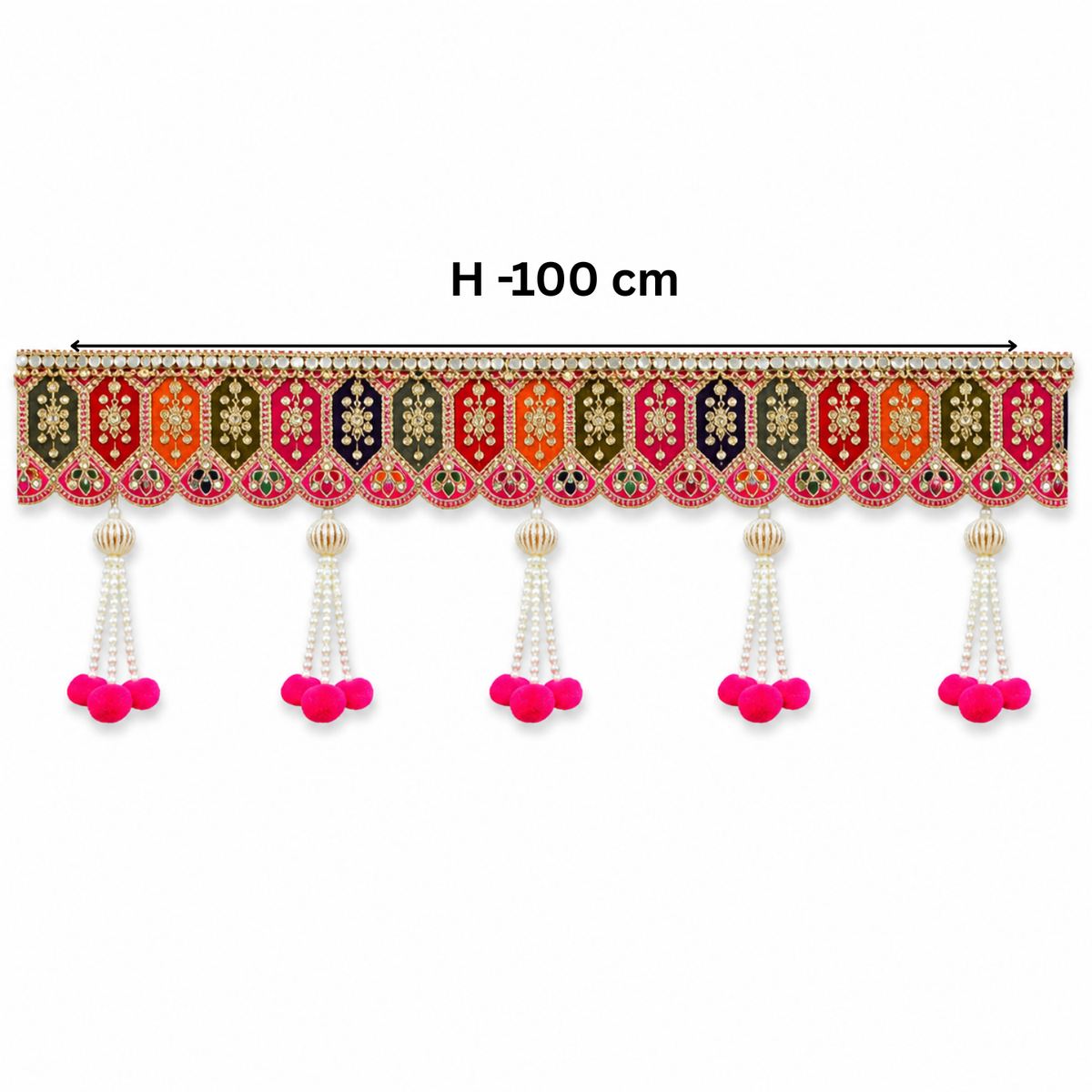 Handmade Decorative Toran for Door Hanging – Traditional Embroidered Bandhanwar with Pearl Tassels & Pom-Poms, Ethnic Wall Decor for Diwali, Pooja Room, 100cm