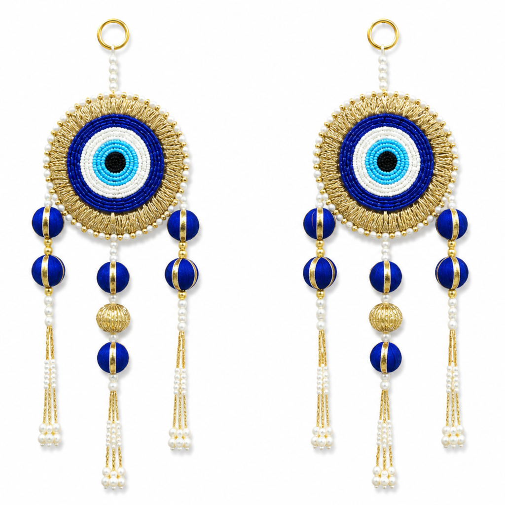 DiaCraft Ethnic Evil Eye Door Hanging – 35 cm Traditional Protective Signage for Entrance, Living Room & Festive Home Decor, Beads & Pearl Tassels, Washable & Long Lasting (Set of 2, Blue)