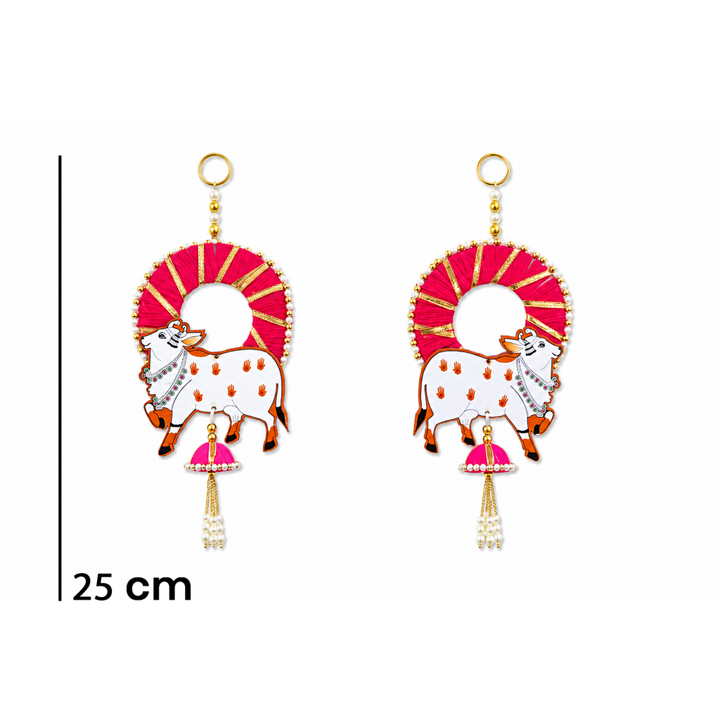 Ethnic Cow Door Hanging – 25 cm Traditional Signage for Entrance, Living Room & Festive Home Decor, Handmade Spiritual Ornament with Thread, Washable & Long Lasting (Set of 2, Pink)