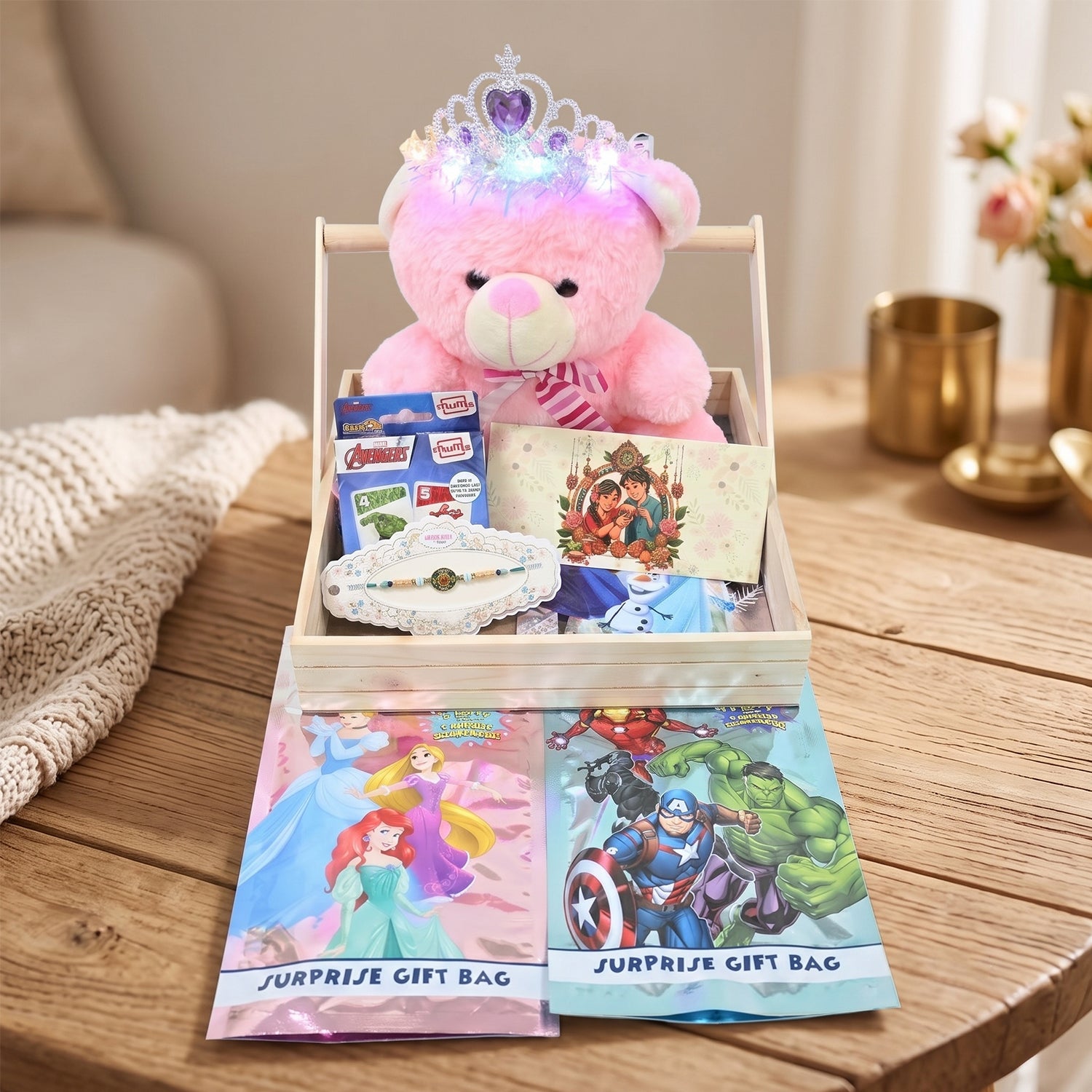 Luxury Raksha Bandhan Gift Hamper for Sister with Illuminated Tiara Teddy Bear & Designer Rakhi