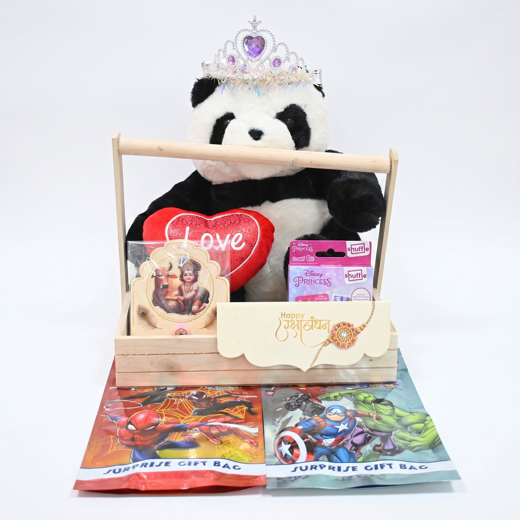 Luxurious Raksha Bandhan Gift Hamper for Sister with Panda Soft Toy, Krishna Rakhi & Surprise Goodies