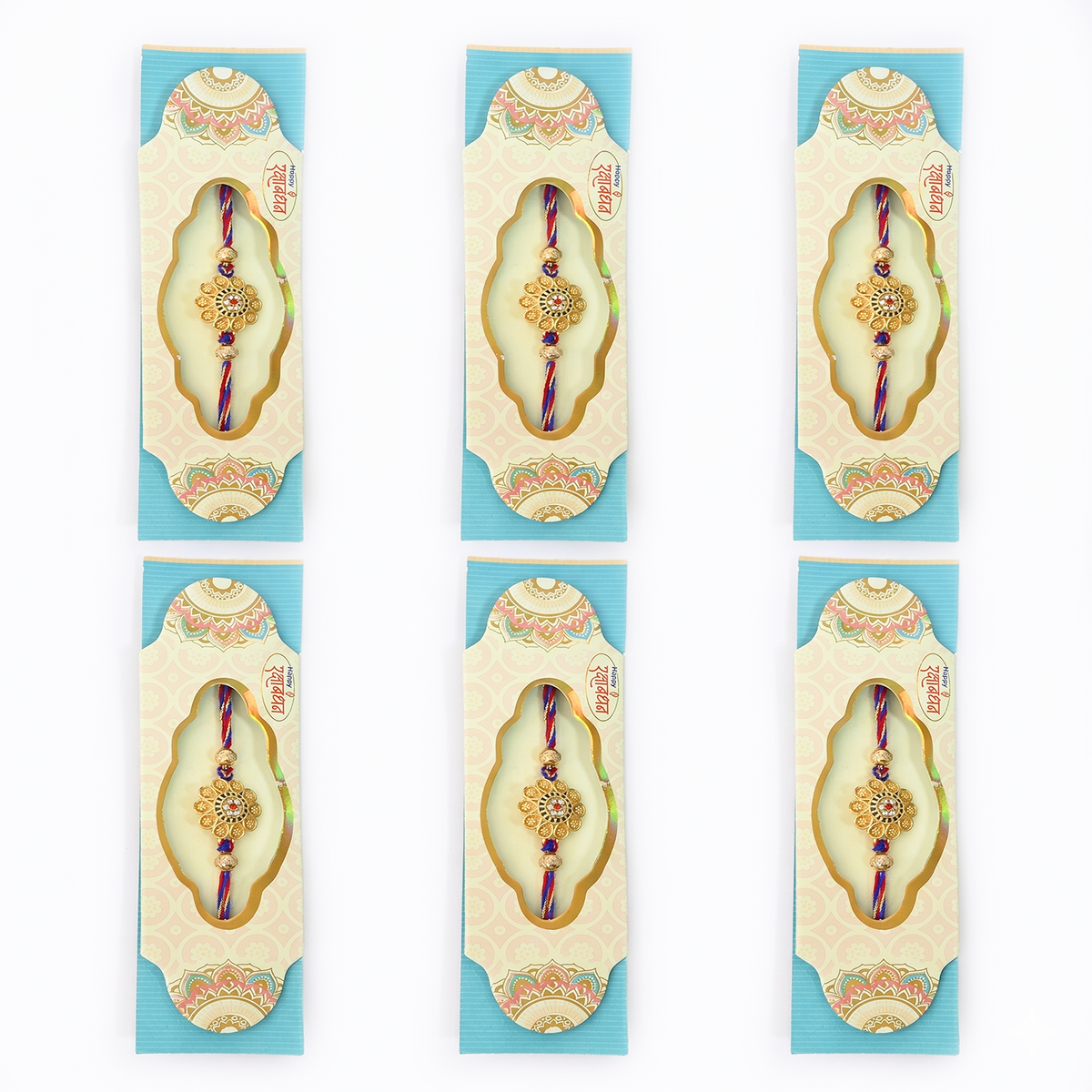 Rakhi Combo Set of 6, Traditional Gold Floral Design, Multicolour Thread, Same Style Pack, Bracelet