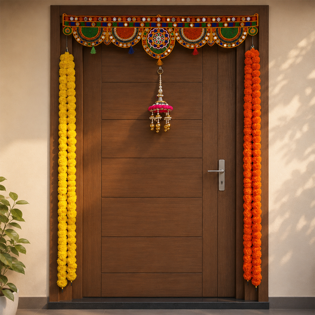 Decorative Traditional Door Toran with Artificial Marigold Hanging Strings – Festive Home Decor for Diwali, Wedding, and Mandir Entrance (Yellow & Orange)