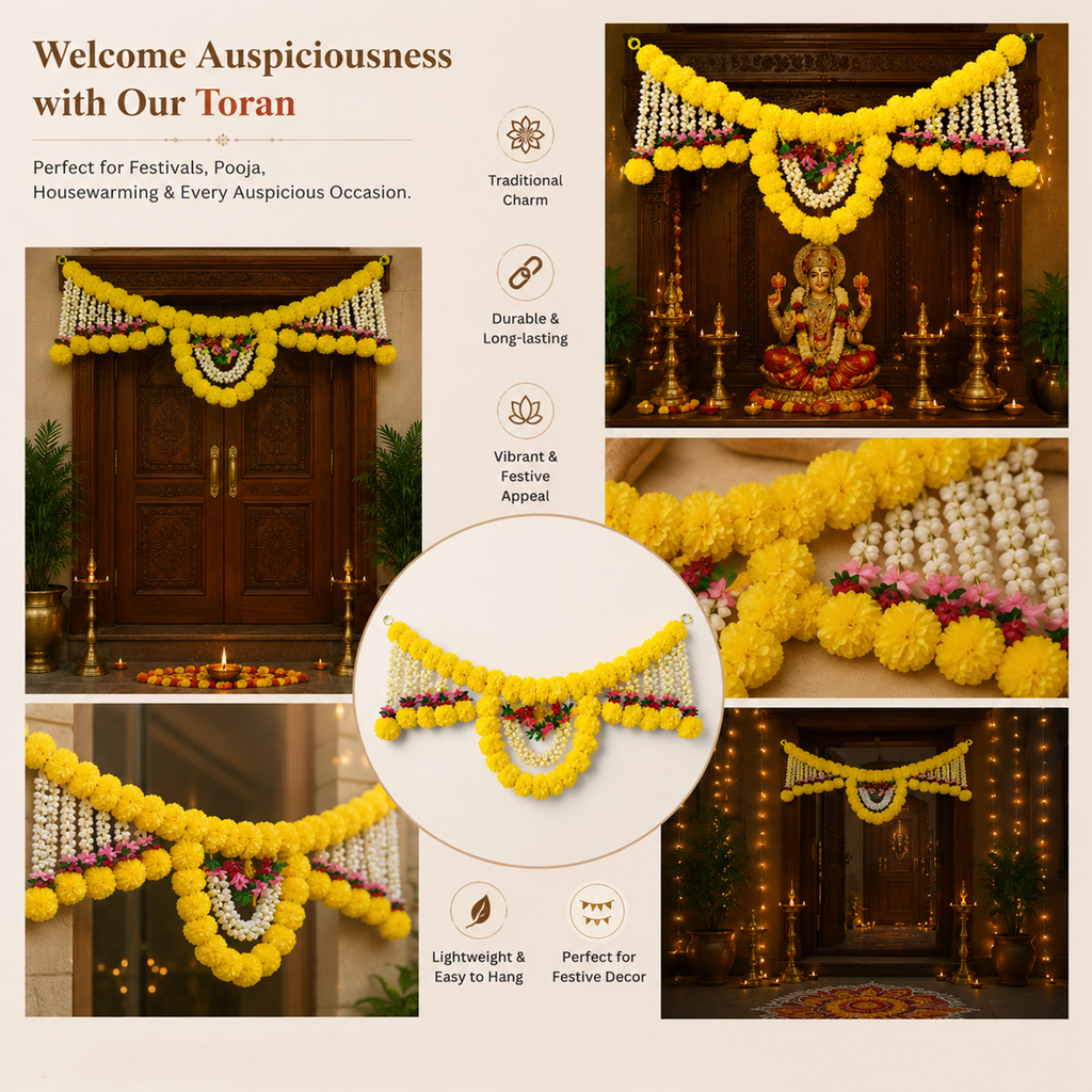 Artificial Marigold Door Toran for Main Entrance - 82 cm Festive Hanging Decoration for Diwali, Wedding, Housewarming, and Home Decor (Yellow & White)