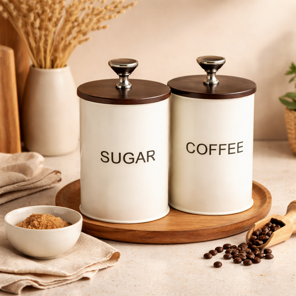 Sugar & Coffee Container Jar With Air Tight Wooden Lids (White)