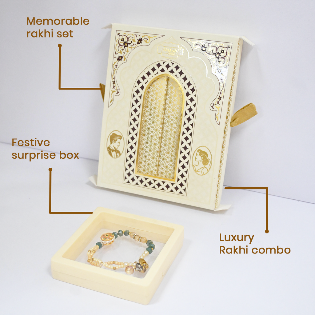 Premium Designer Rakhi Set for Brother and Bhabhi with Elegant Festive Gift Box – Handmade Luxury Pearl and Stone Beads Rakhi Combo for Raksha Bandhan
