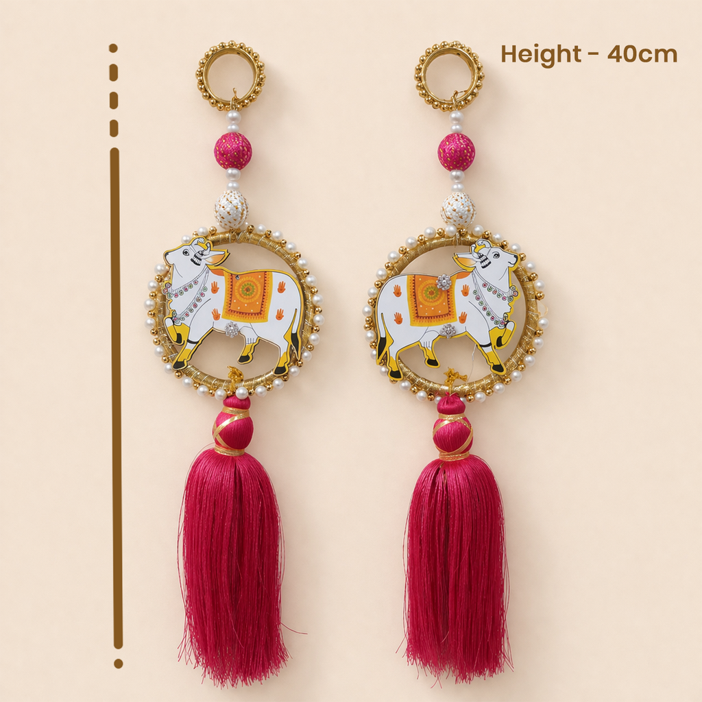 Decorative Hanging Tassels for Home Decor - Traditional Indian Cow Design Wall Hanging for Diwali, Pooja Room, and Festive Party Backdrop, 40cm, Set of 2