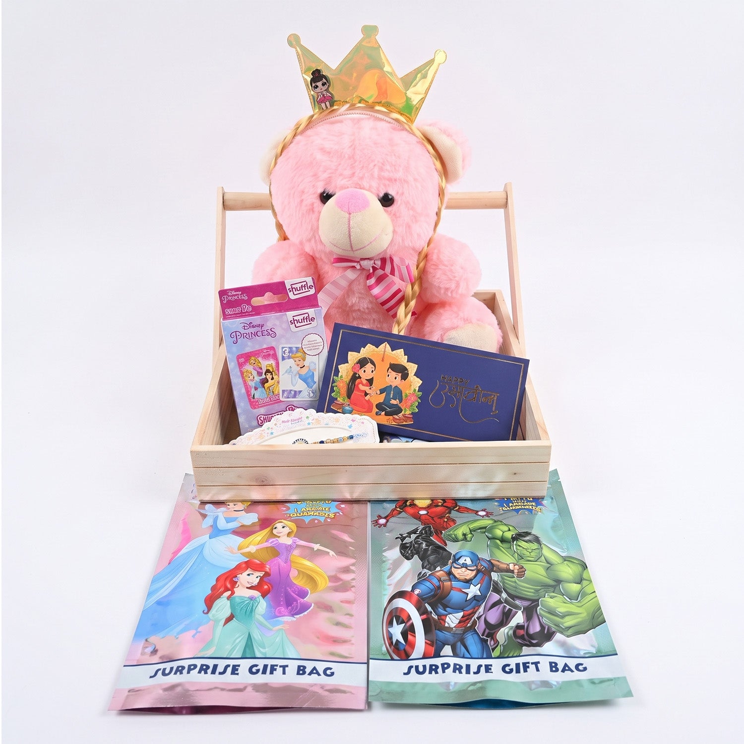 Raksha Bandhan Gift Hamper for Sister with Crown Teddy Bear & Surprise Toys