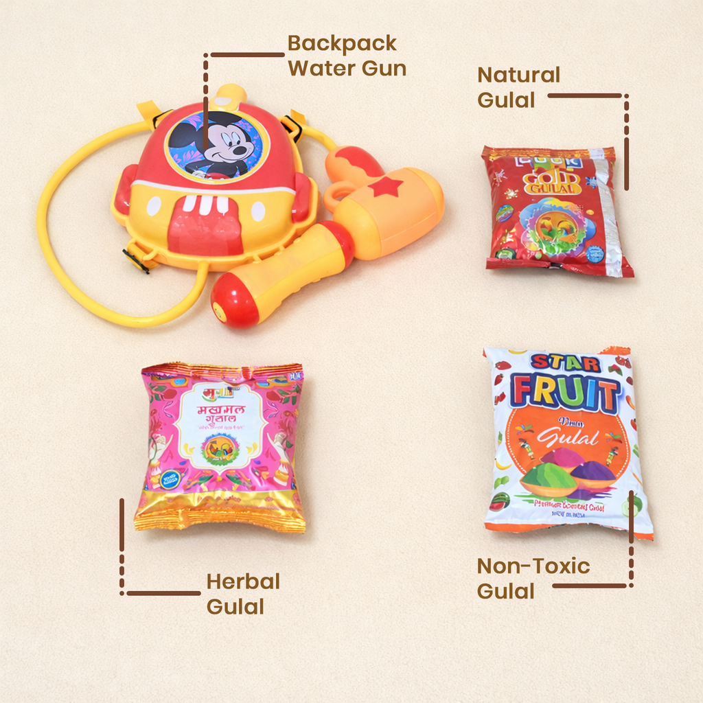 Holi Combo Pack with Mickey Mouse Backpack Water Gun & Natural Gulal – Herbal & Non-Toxic Colors