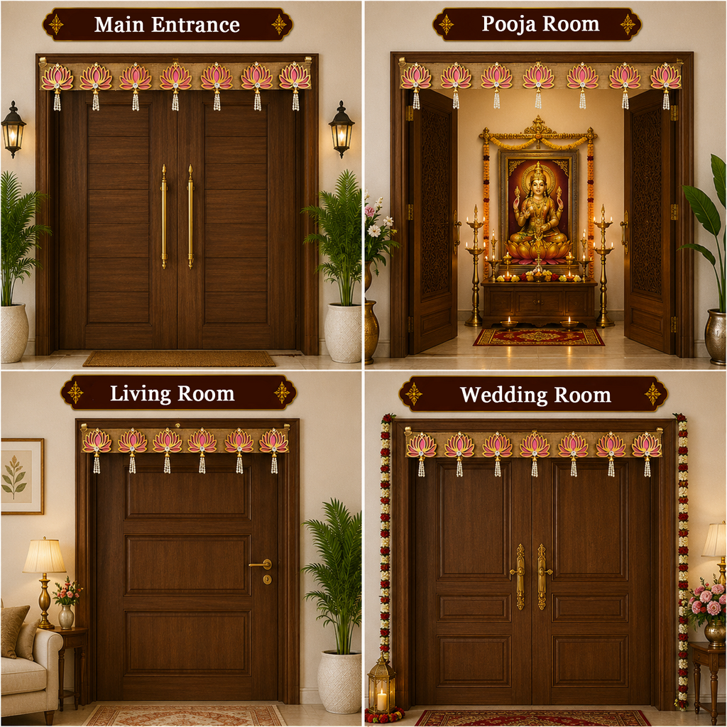 Pink Lotus Bandhanwar Door Hanging – 100 cm Reusable Decorative Toran with Pearl Accents, Handcrafted Ethnic Valance for Main Entrance, Pooja Room, Wedding & Festive Home Decor
