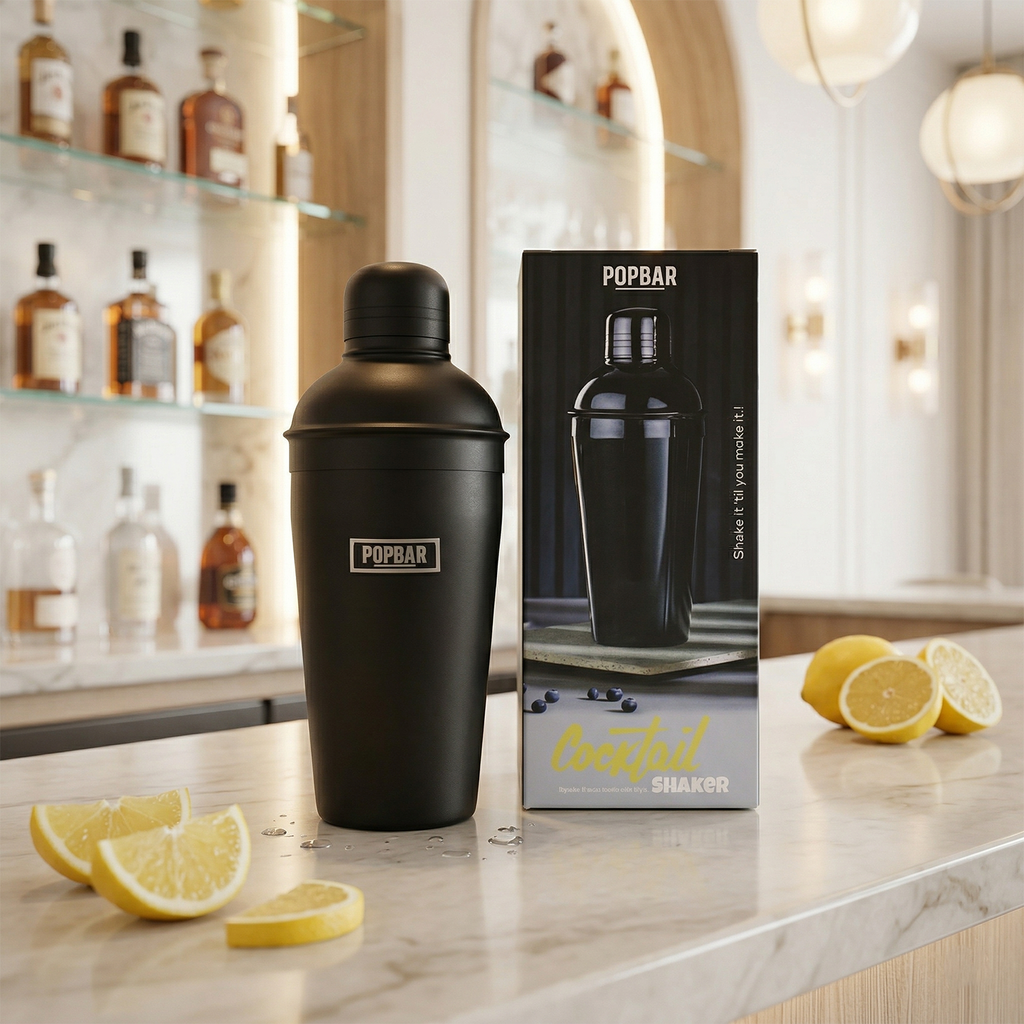 POPBAR Matte Black Stainless Steel Cocktail Shaker – Professional Leak-Proof Cobbler Shaker with Built-in Strainer & Easy-Grip Exterior 1