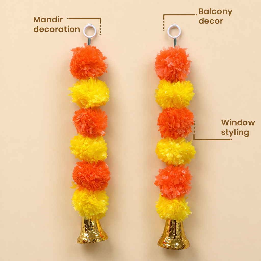 Artificial Marigold Flower Garland with Golden Bell, Orange & Yellow, Mandir, Door, Balcony & Window Decor, Set of 2