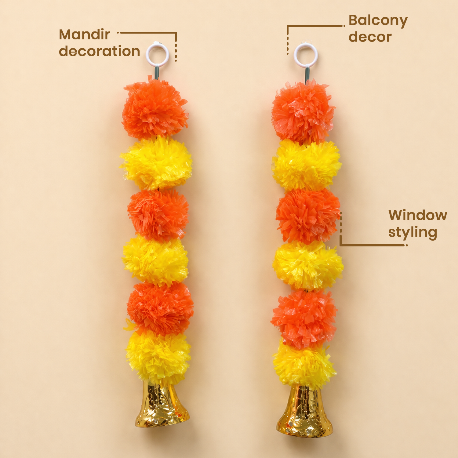 Artificial Marigold Flower Garland with Golden Bell, Orange & Yellow, Mandir, Door, Balcony & Window Decor, Set of 2