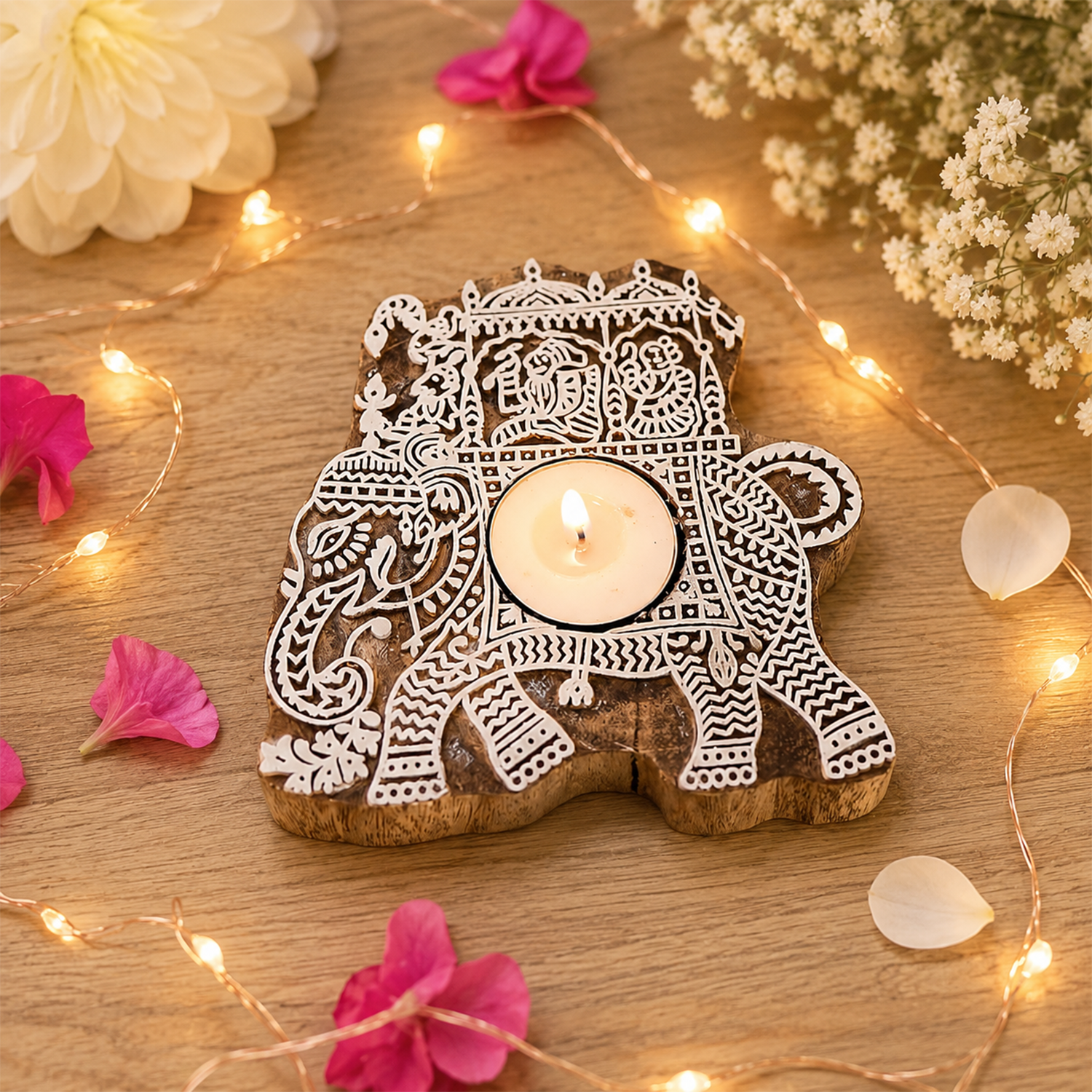 Handcrafted Wooden Elephant Tealight Holder Set (Pack of 2) – Decorative Carved Wood Candle Stand for Home Decor, Table Centerpiece, and Festive Gift (Pack of 2)