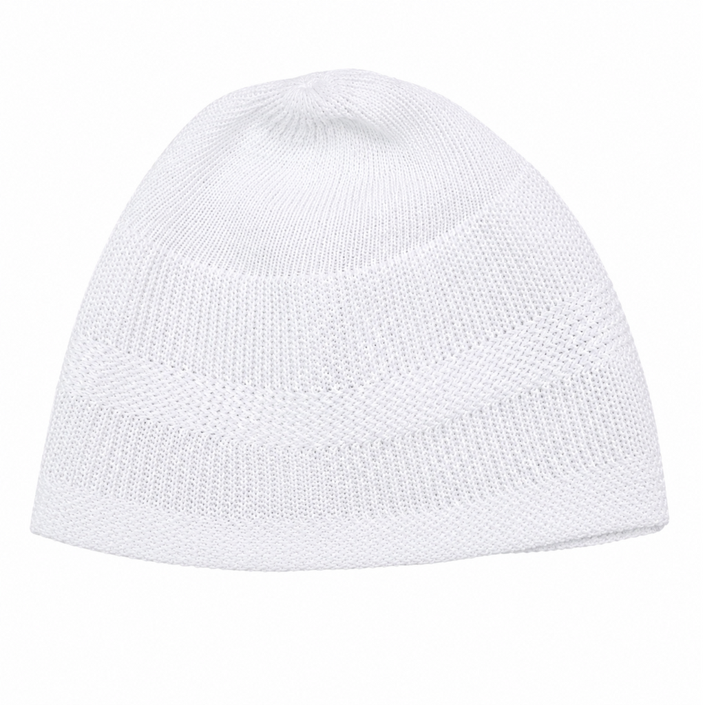 Premium White Knitted Muslim Skull Cap for Men and Boys - Comfortable Breathable Prayer Kufi Hat