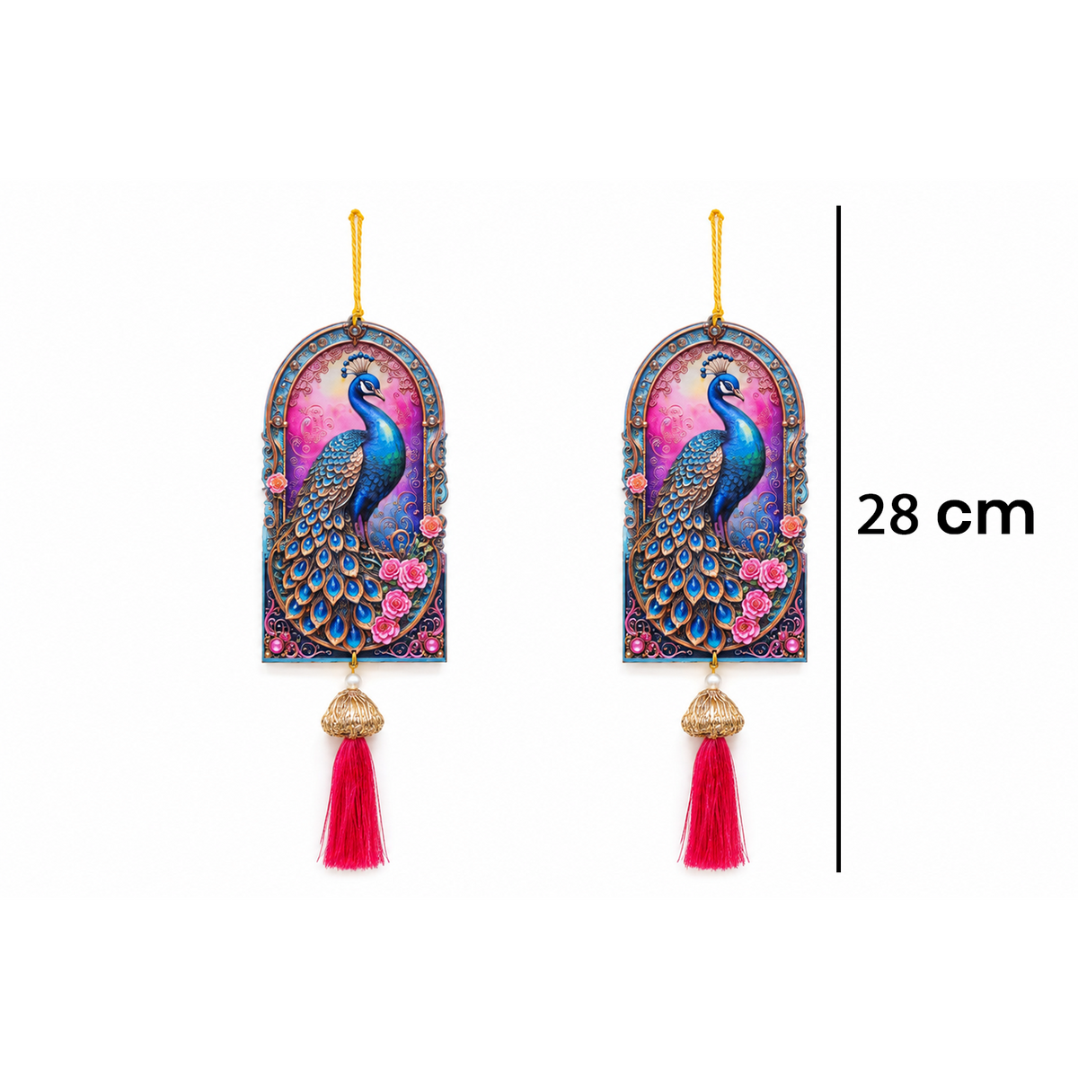 Ethnic Peacock Door Hanging – 28 cm Traditional Signage for Entrance, Living Room & Festive Home Decor, Washable & Long Lasting (Set of 2, Multicolour)