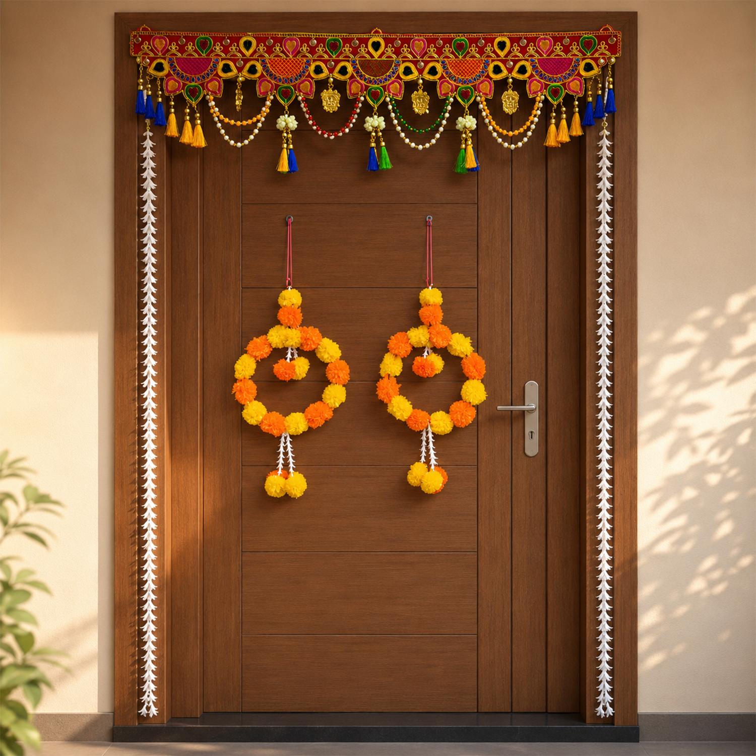 Traditional Decorative Toran with Circular Marigold Hanging Flowers – Ethnic Festive Door Decor for Diwali, Wedding, and Home Entrance
