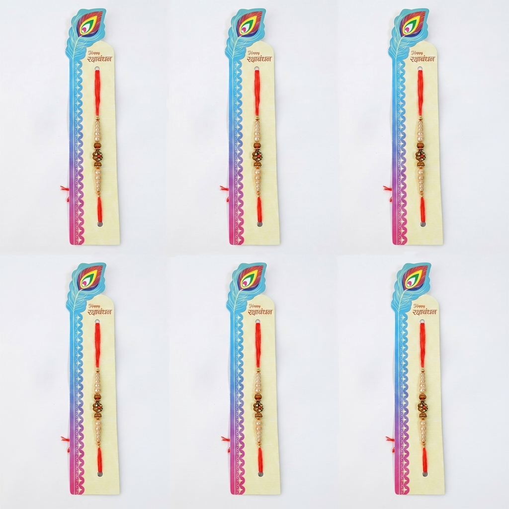 Traditional Rakhi Set with Pearl and Rudraksha Beads, Red Thread, Value Festive Combo, Pack of 6