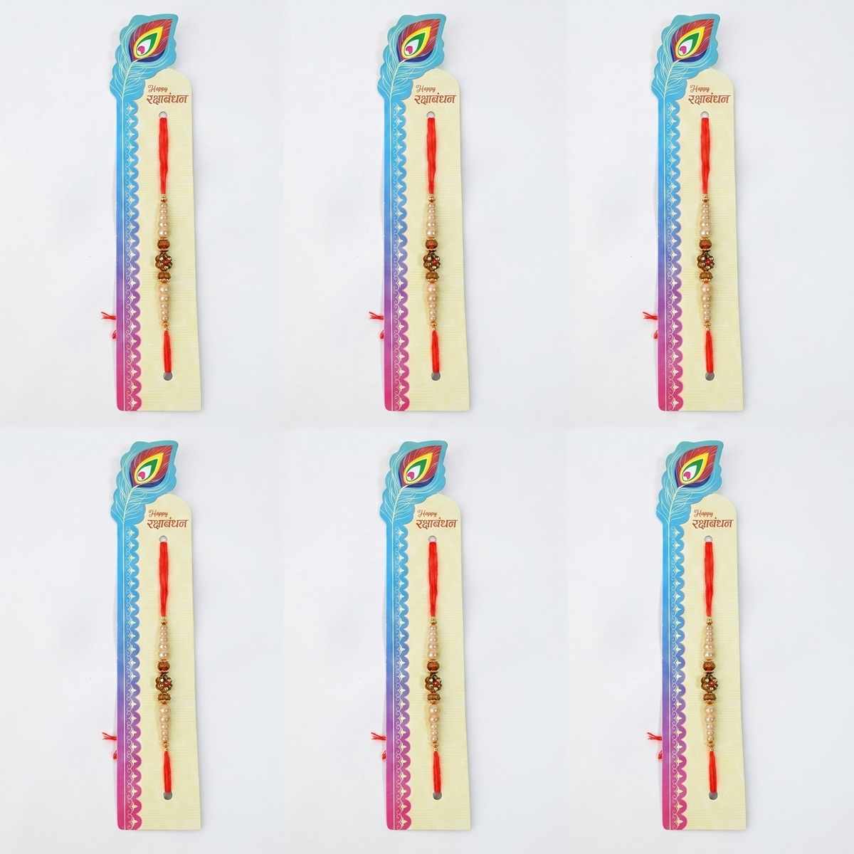 Traditional Rakhi Set with Pearl and Rudraksha Beads, Red Thread, Value Festive Combo, Pack of 6