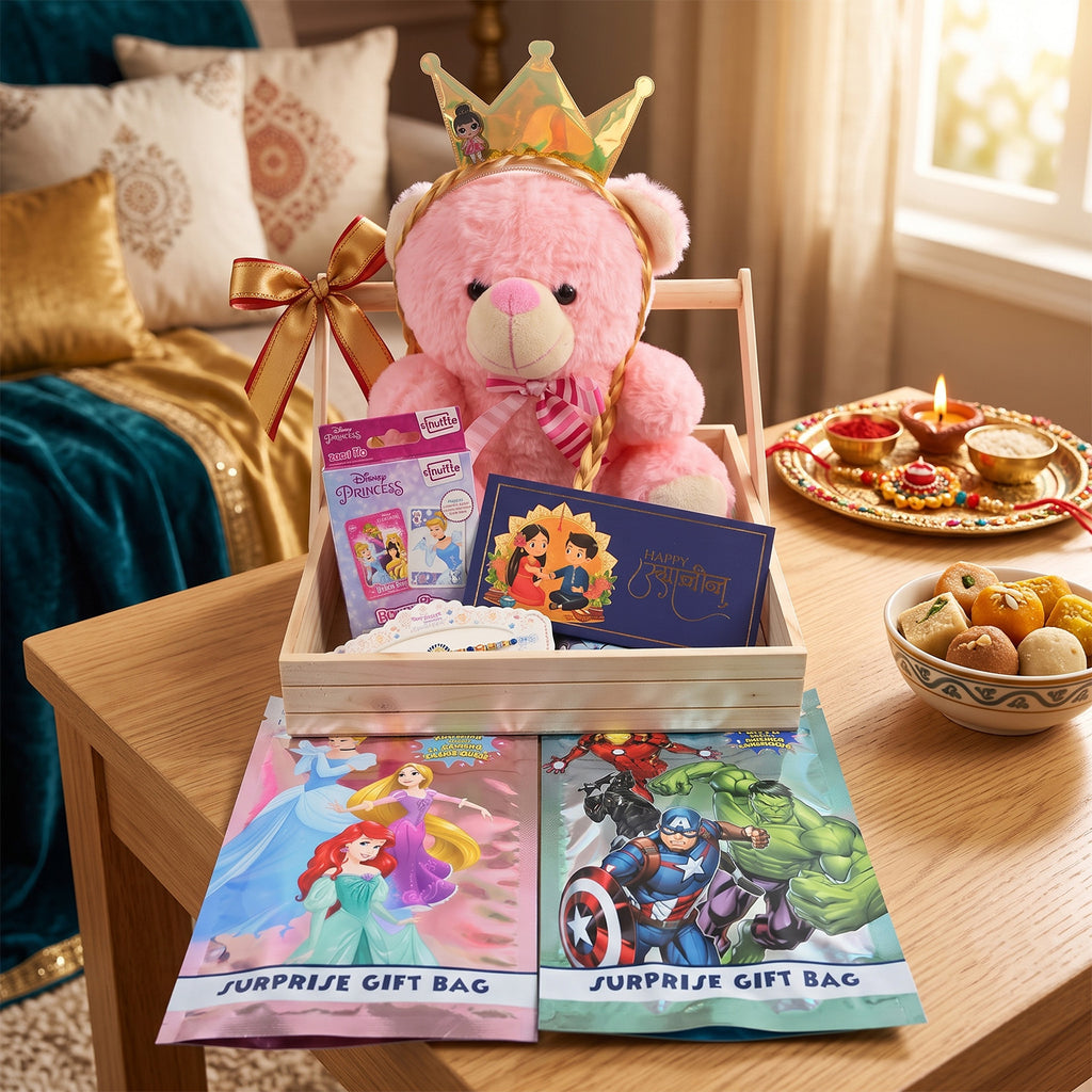 Raksha Bandhan Gift Hamper for Sister with Crown Teddy Bear & Surprise Toys