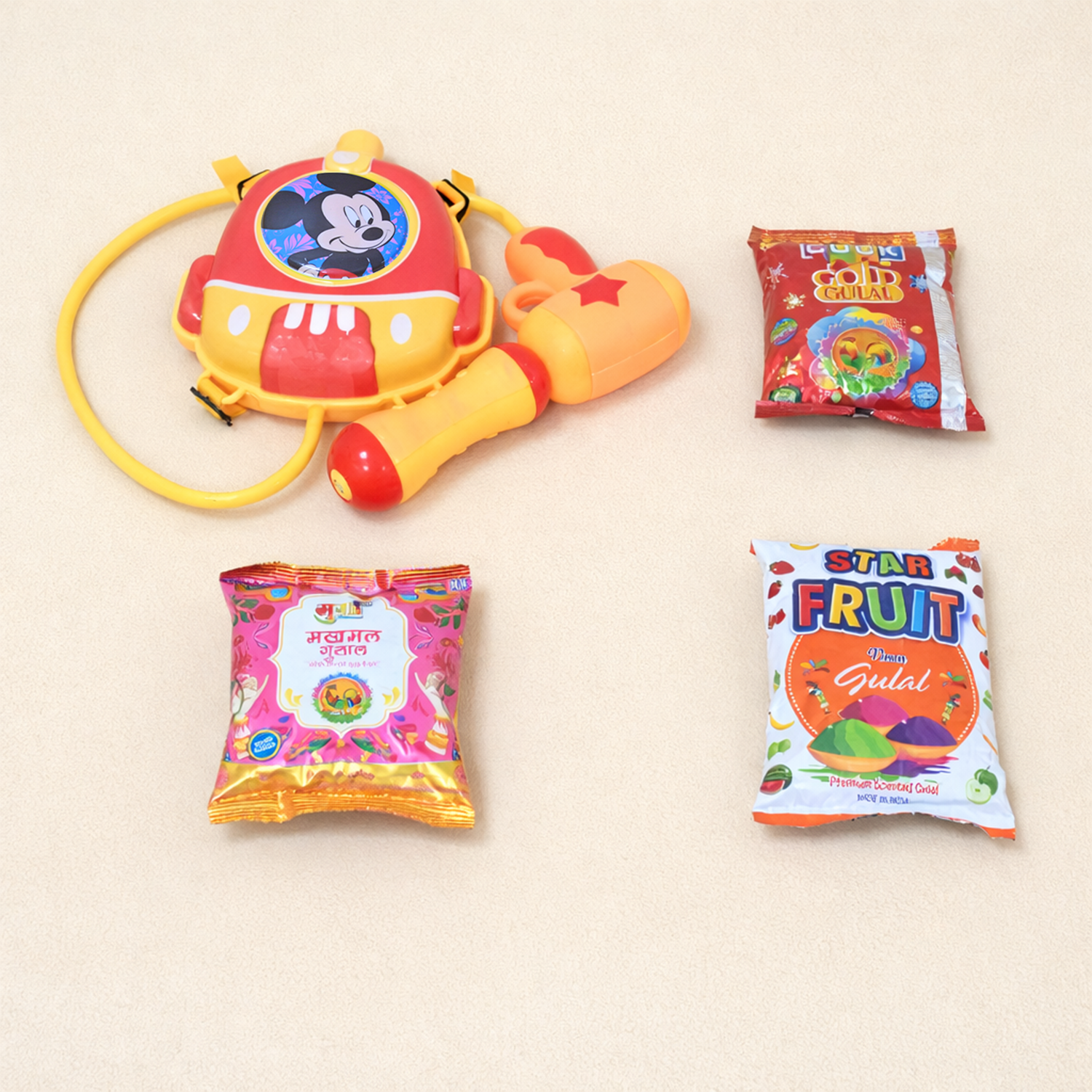 Holi Combo Pack with Mickey Mouse Backpack Water Gun & Natural Gulal – Herbal & Non-Toxic Colors