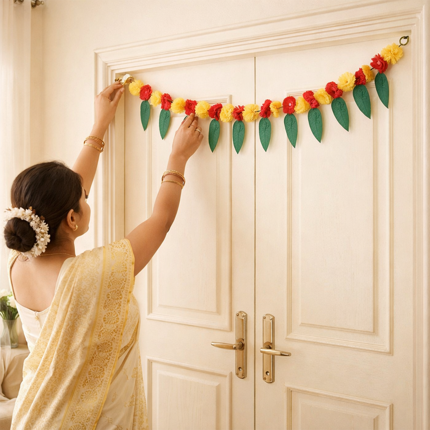 Artificial Marigold and Leaf Toran for Door Decoration - 90 cm Festive Garland Hanging for Home Entrance, Diwali, Wedding, and Wall Backdrop Decor (Pack of 1, Red & Yellow)