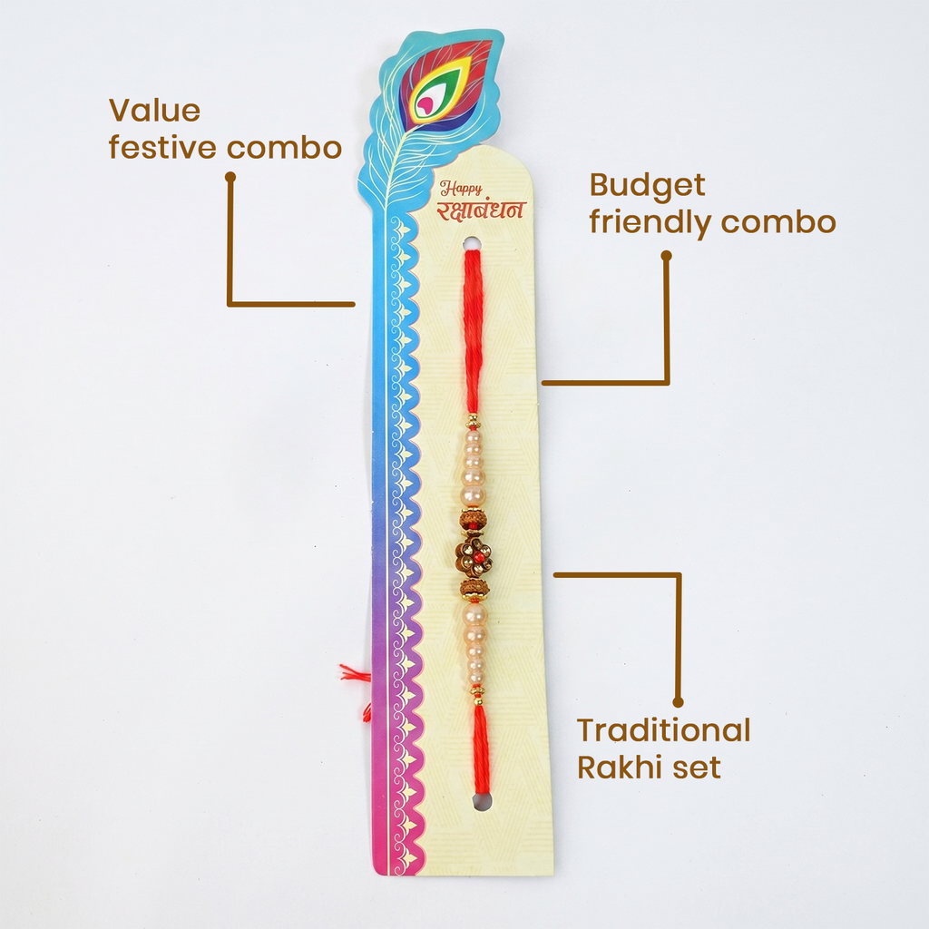 Traditional Rakhi Set with Pearl and Rudraksha Beads, Red Thread, Value Festive Combo, Pack of 6