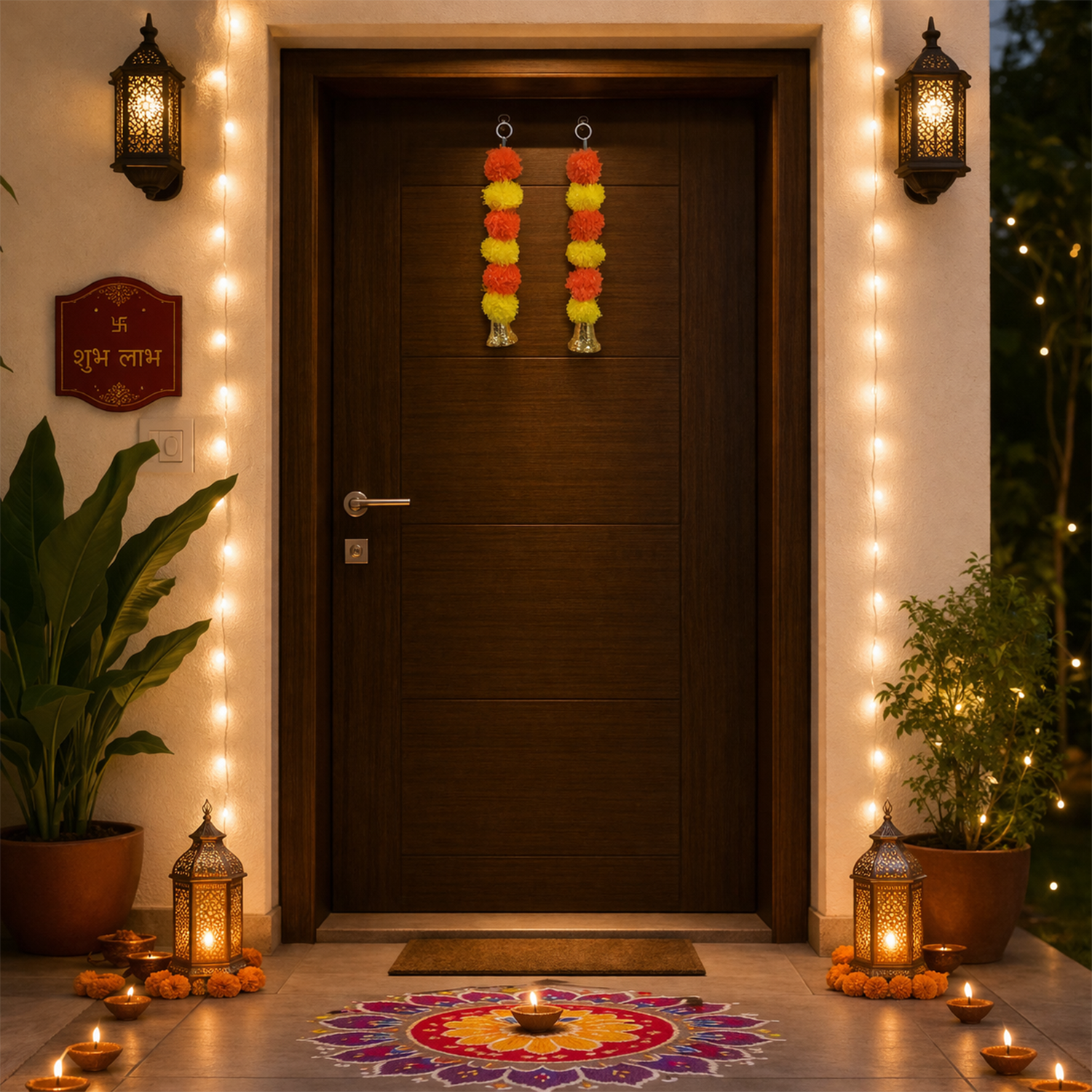 Artificial Marigold Flower Garland with Golden Bell, Orange & Yellow, Mandir, Door, Balcony & Window Decor, Set of 2