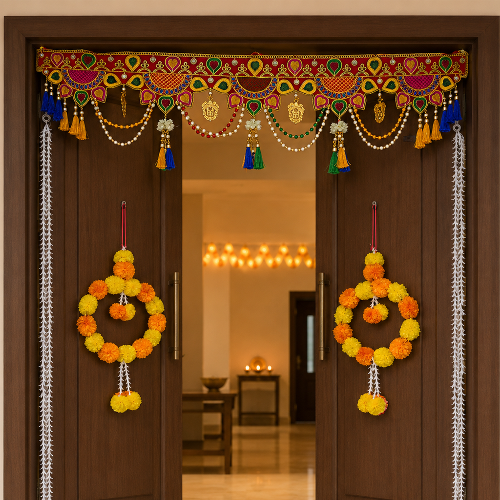 Traditional Decorative Toran with Circular Marigold Hanging Flowers – Ethnic Festive Door Decor for Diwali, Wedding, and Home Entrance